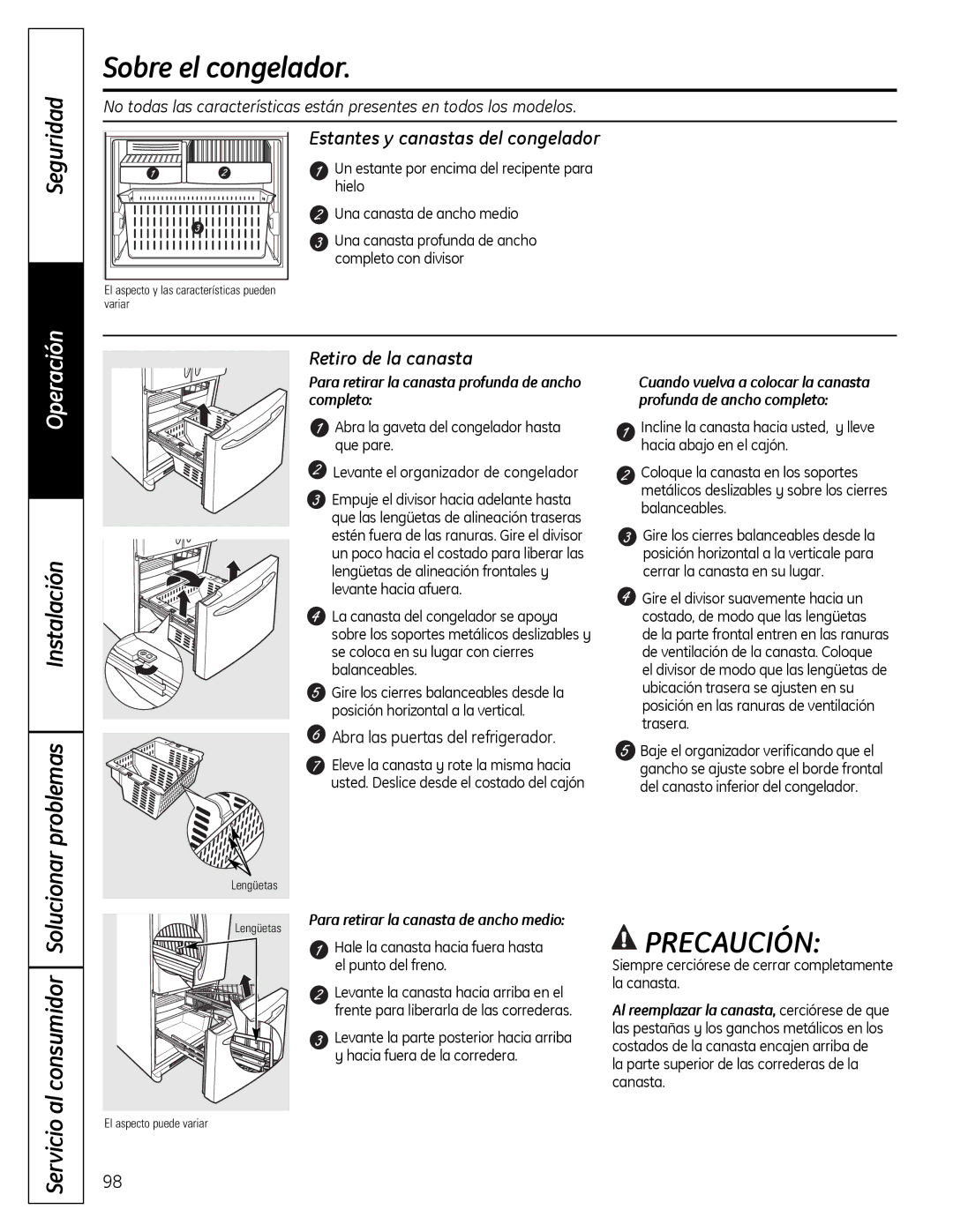 GE 200D9366P019 Sobre el congelador, Solucionarproblemas, Estantes y canastas del congelador, Retiro de la canasta 