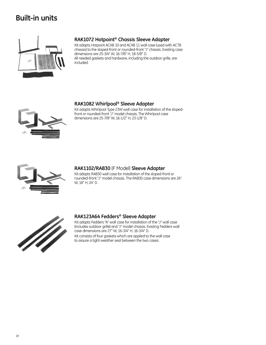 GE 2010 RAK1072 Hotpoint Chassis Sleeve Adapter, RAK1082 Whirlpool Sleeve Adapter, RAK1102/RAB30 F Model Sleeve Adapter 