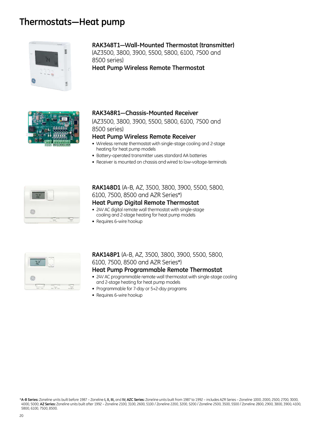 GE 2010 manual Thermostats-Heat pump, Heat Pump Wireless Remote Receiver, Heat Pump Digital Remote Thermostat 