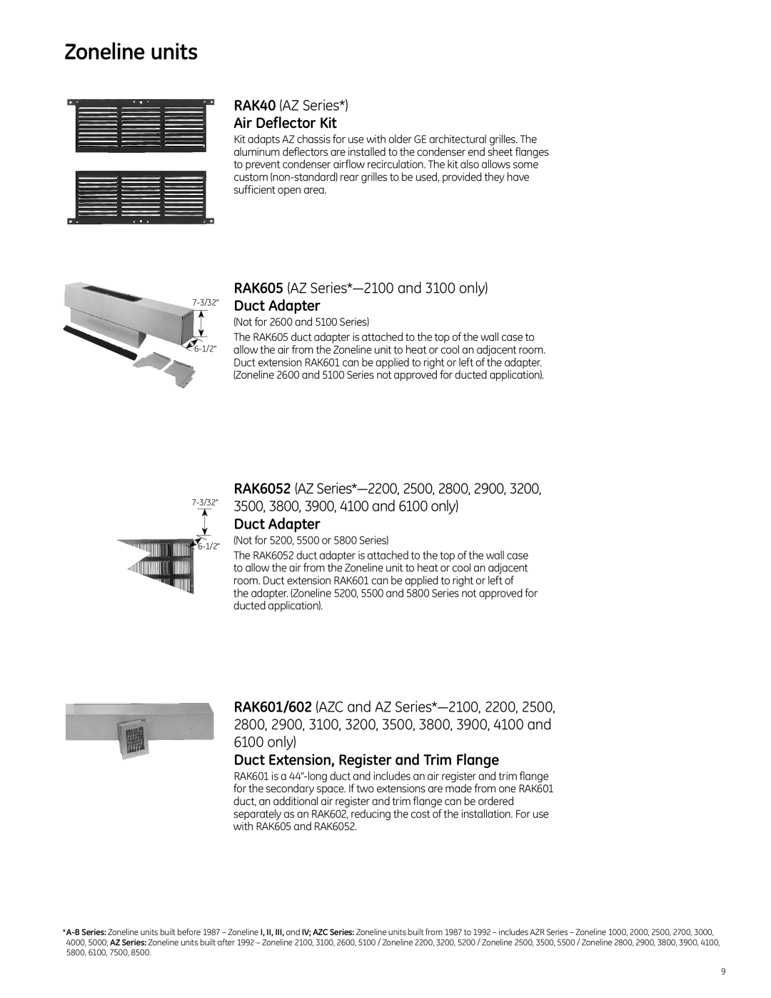 GE 2010 manual Air Deflector Kit, Duct Adapter, Duct Extension, Register and Trim Flange 