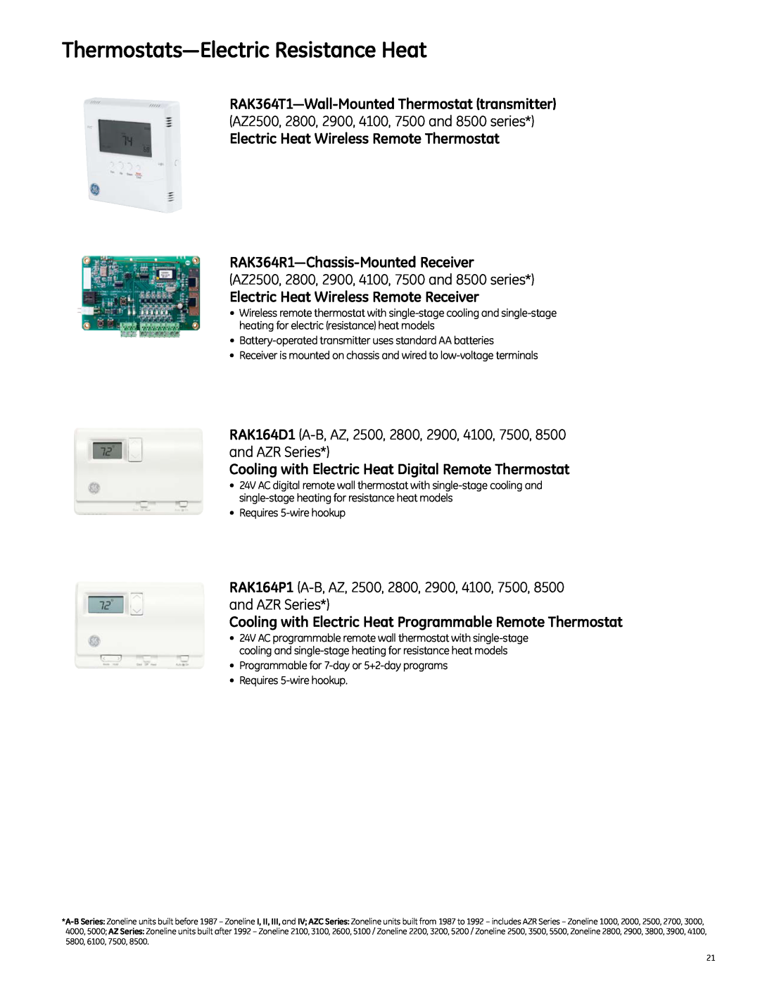 GE 2010 Thermostats-ElectricResistance Heat, RAK364T1-Wall-MountedThermostat transmitter, RAK364R1-Chassis-MountedReceiver 