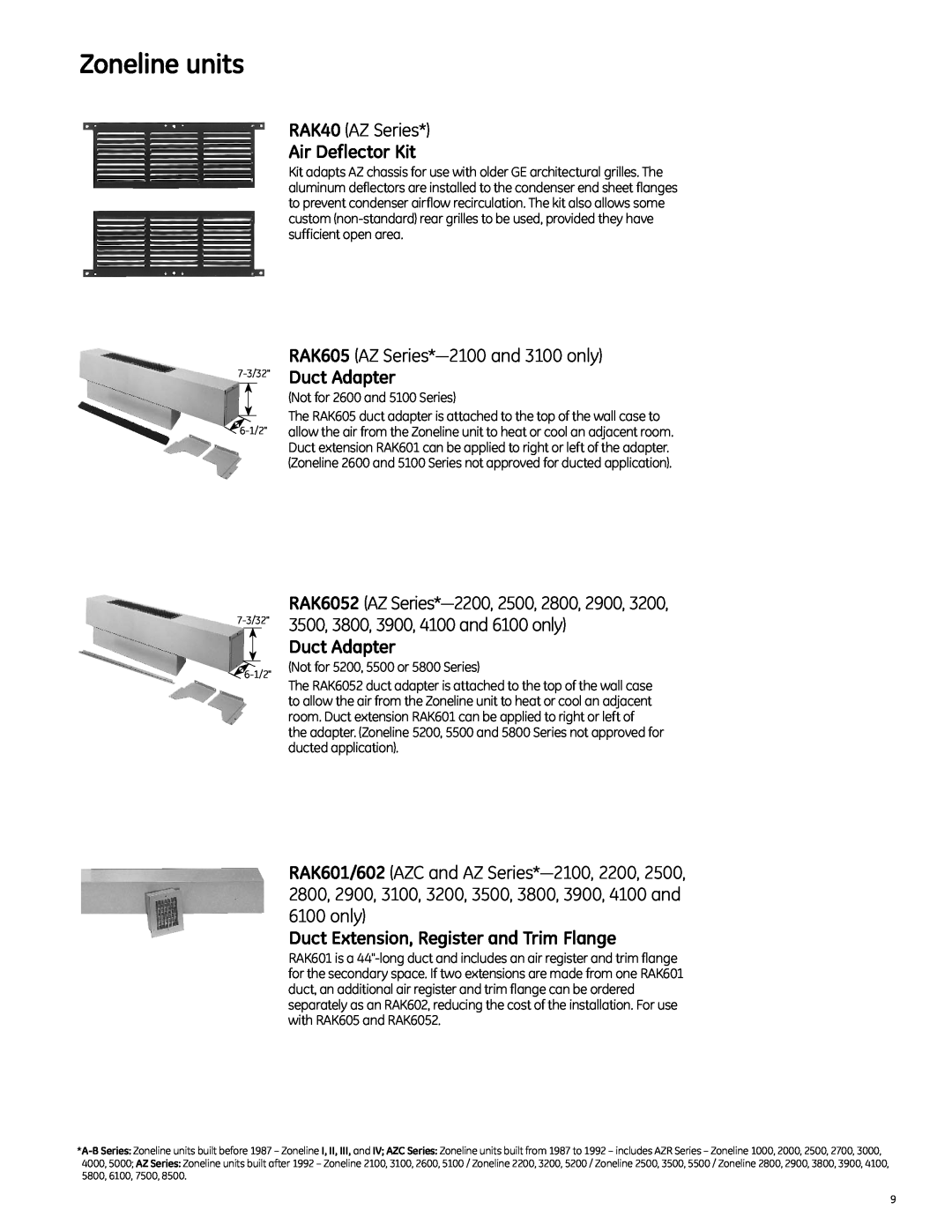 GE 2010 manual RAK40 AZ Series, Air Deflector Kit, RAK605 AZ Series*-2100and 3100 only, Duct Adapter, Zoneline units 