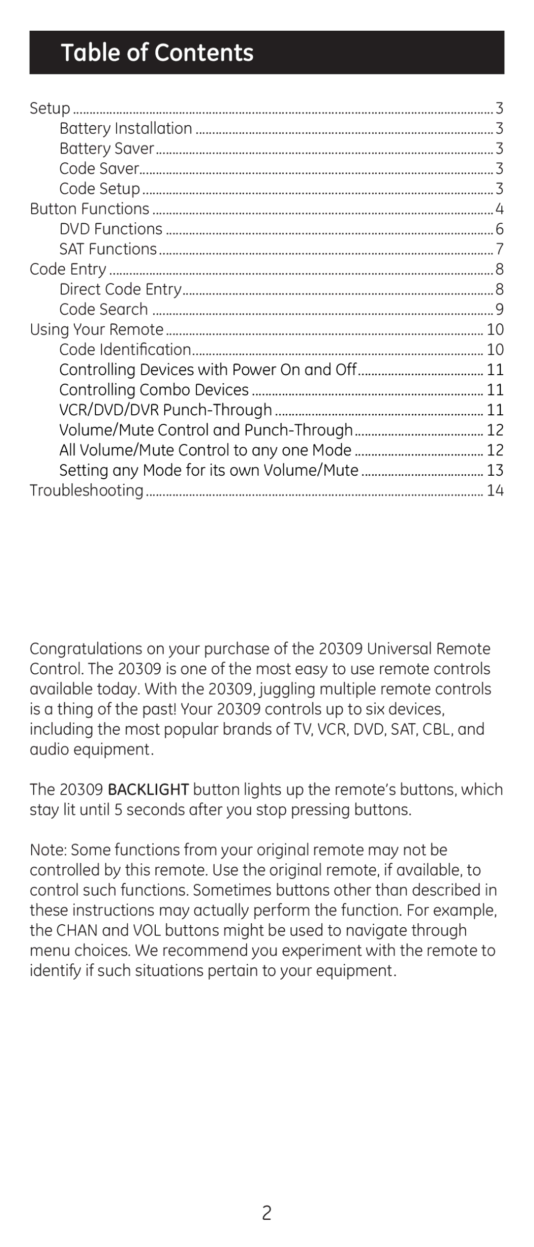 GE 20309 instruction manual Table of Contents 