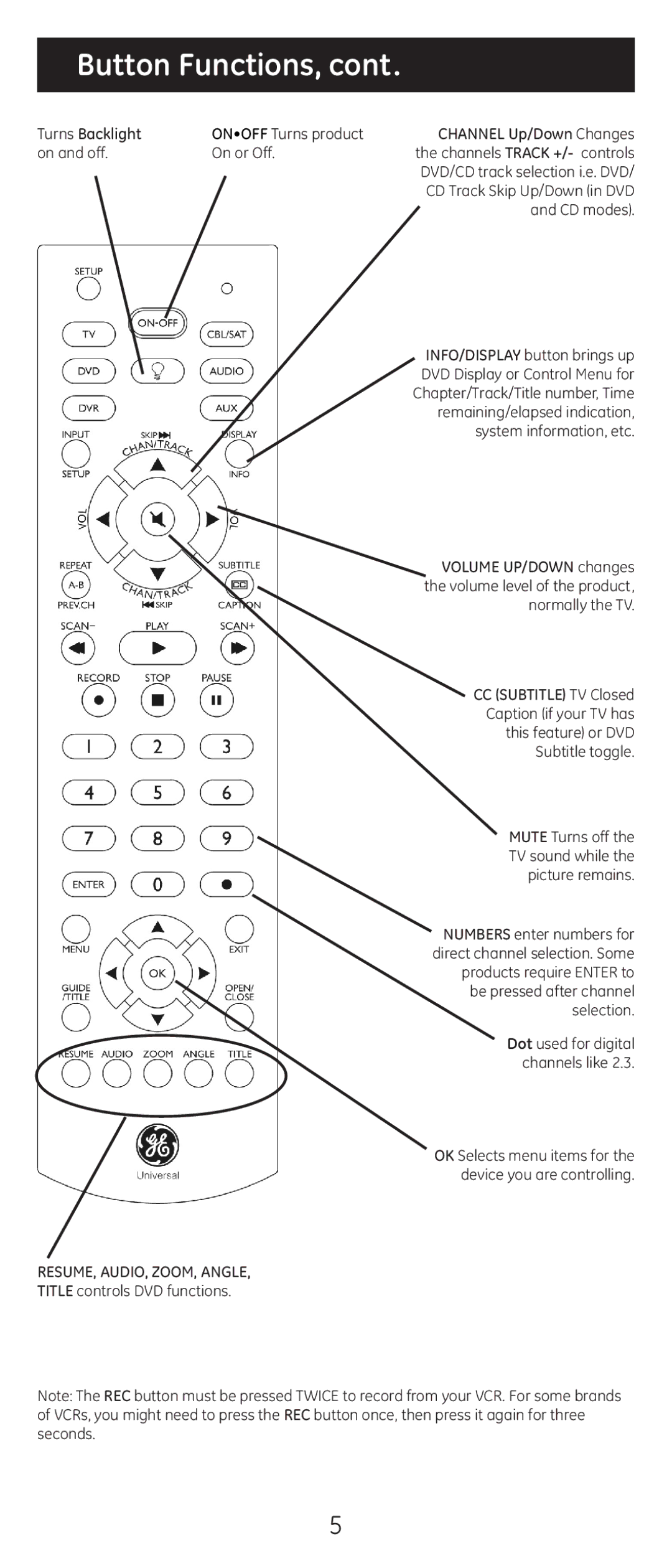 GE 20309 instruction manual Button Functions 