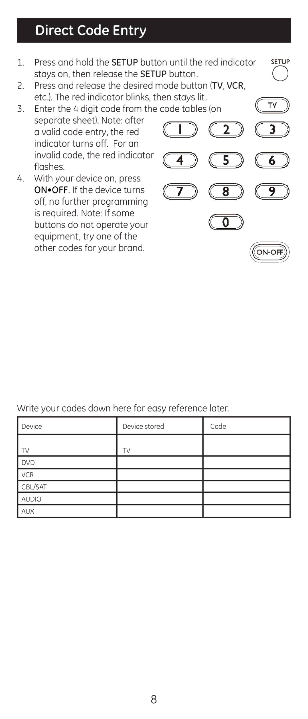 GE 20309 instruction manual Direct Code Entry 