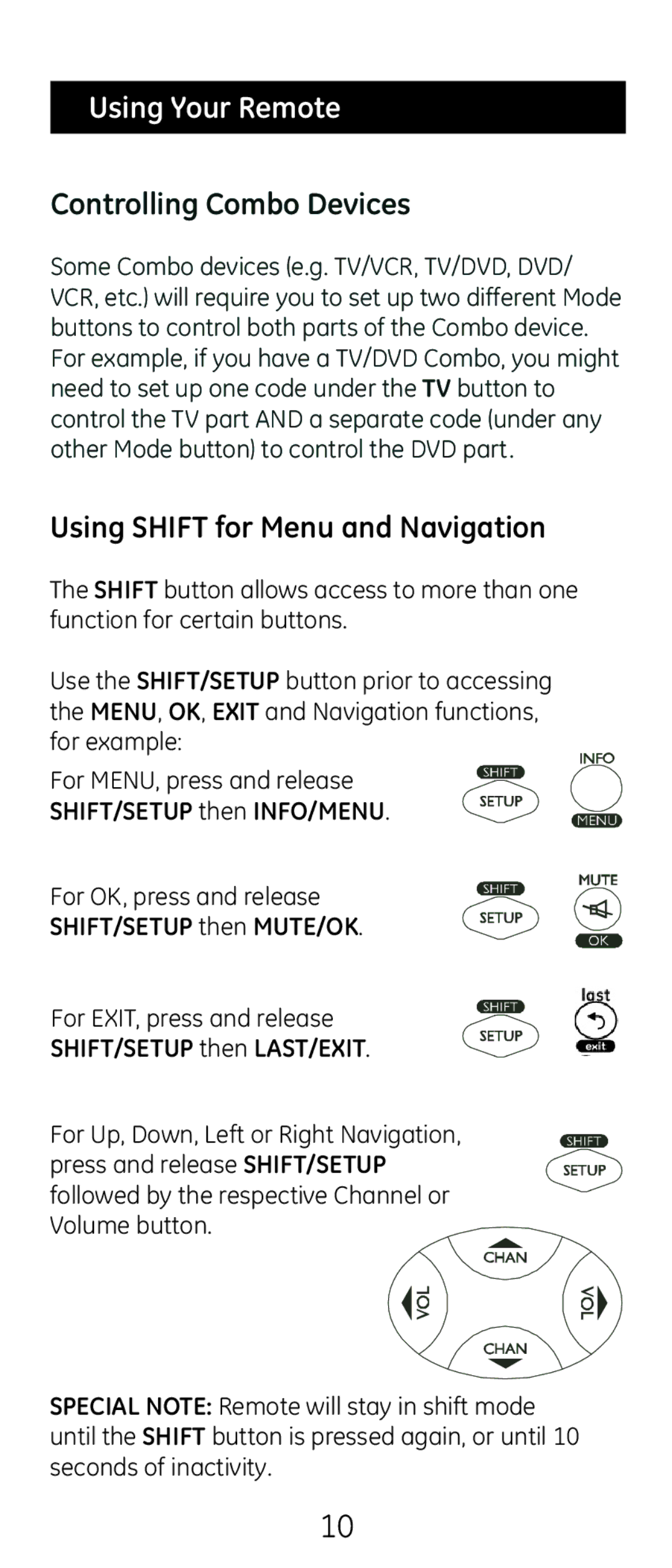 GE 20621 instruction manual Using Your Remote, SHIFT/SETUP then MUTE/OK, SHIFT/SETUP then LAST/EXIT 