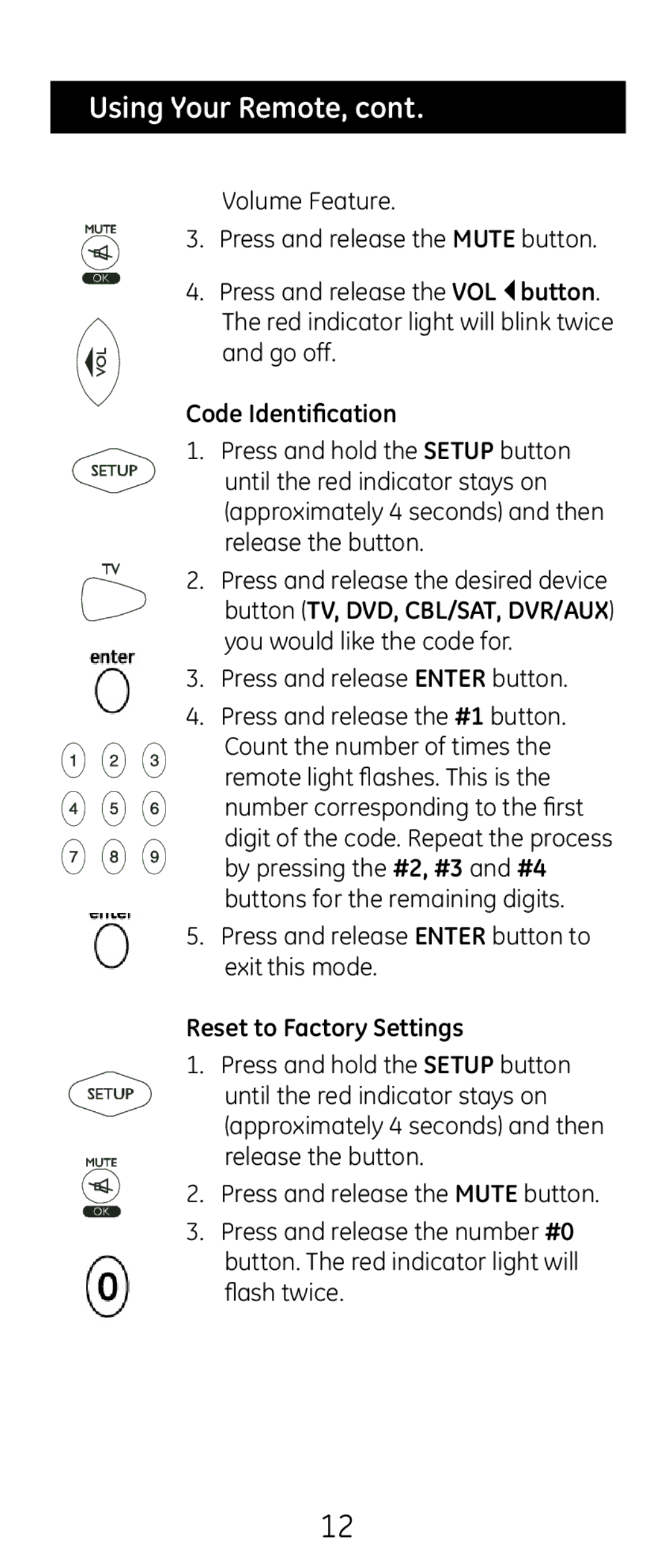 GE 20621 instruction manual Code Identification, Reset to Factory Settings 