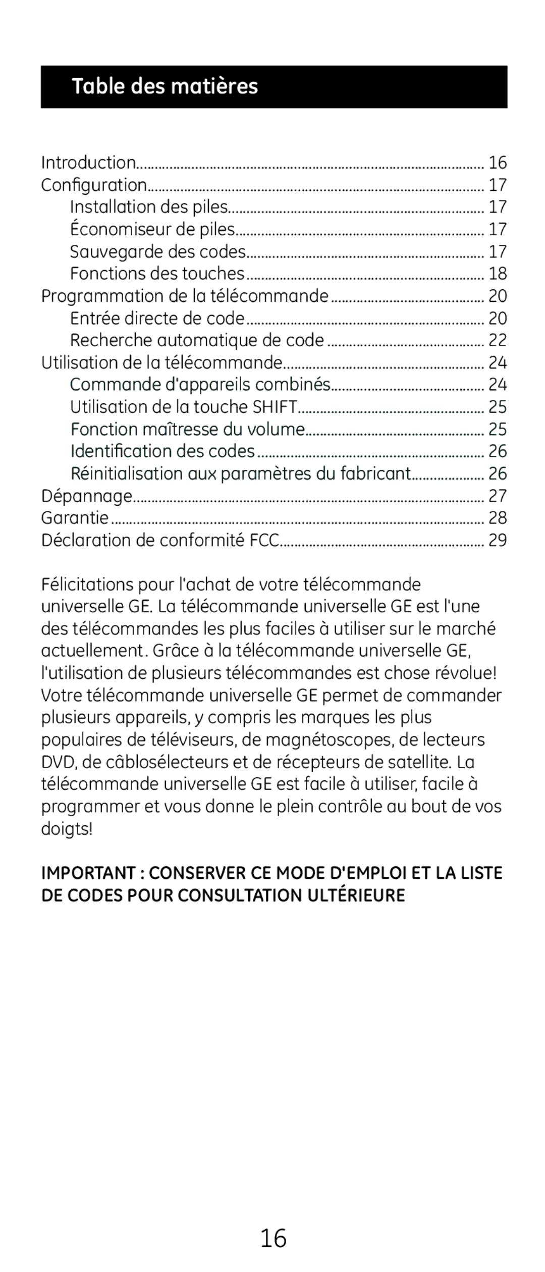 GE 20621 instruction manual Table des matières 