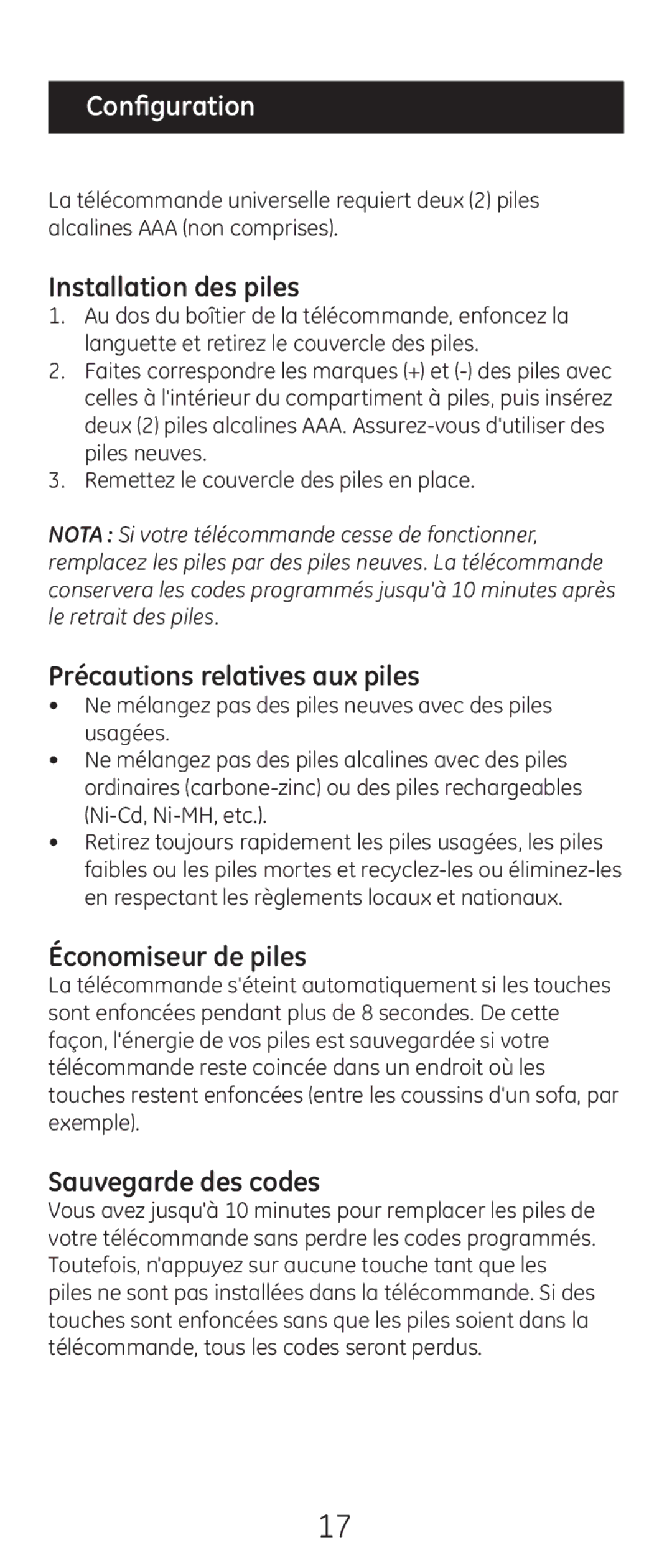 GE 20621 instruction manual Configuration, Installation des piles 