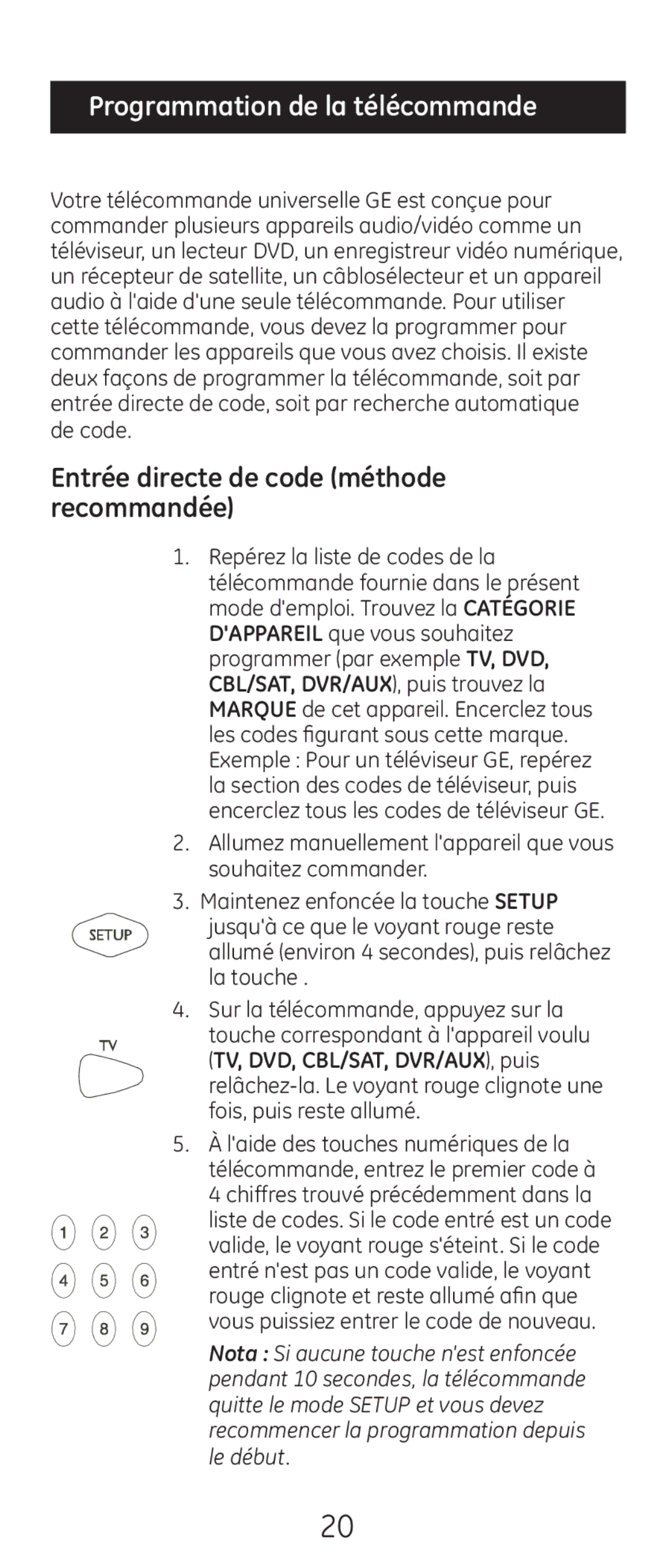 GE 20621 instruction manual Programmation de la télécommande, Entrée directe de code méthode recommandée 