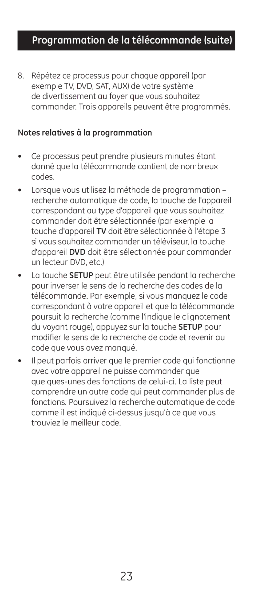 GE 20621 instruction manual Programmation de la télécommande suite 