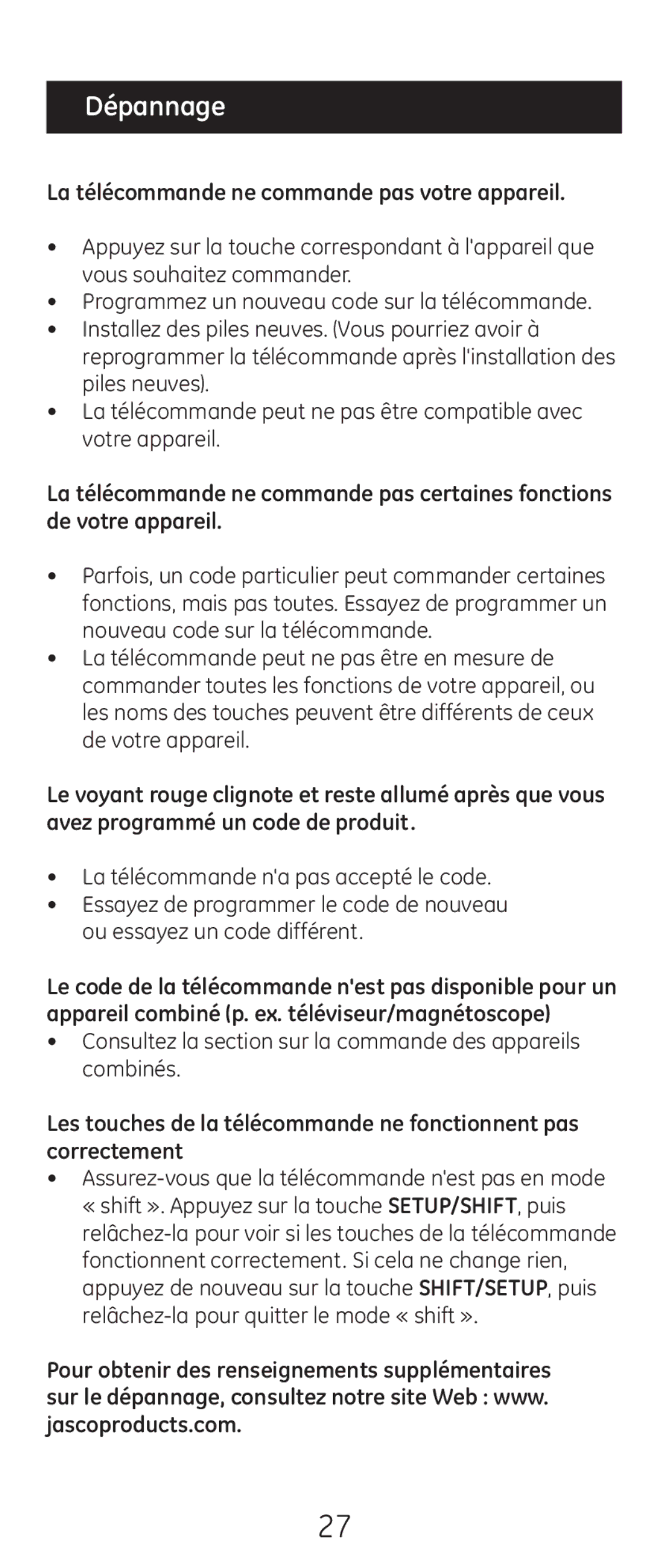 GE 20621 instruction manual Dépannage, La télécommande ne commande pas votre appareil 