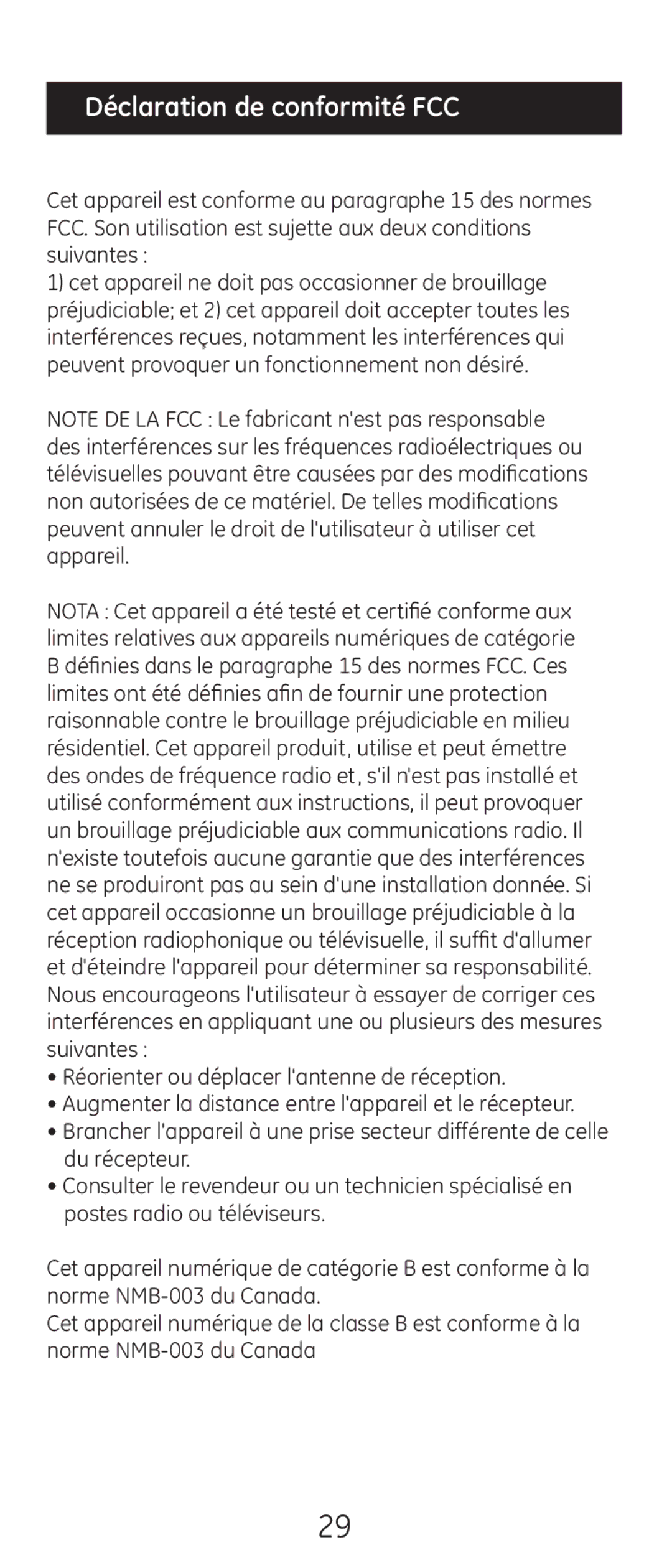 GE 20621 instruction manual Déclaration de conformité FCC 