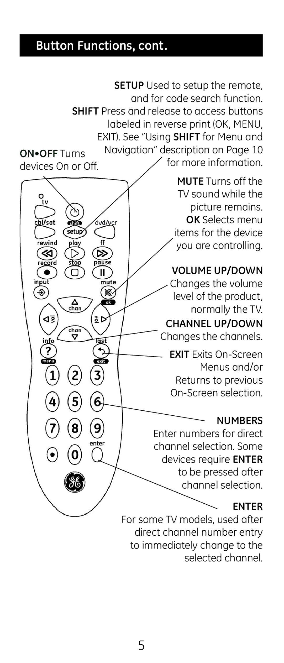 GE 20621 instruction manual Button Functions, Onoff Turns 