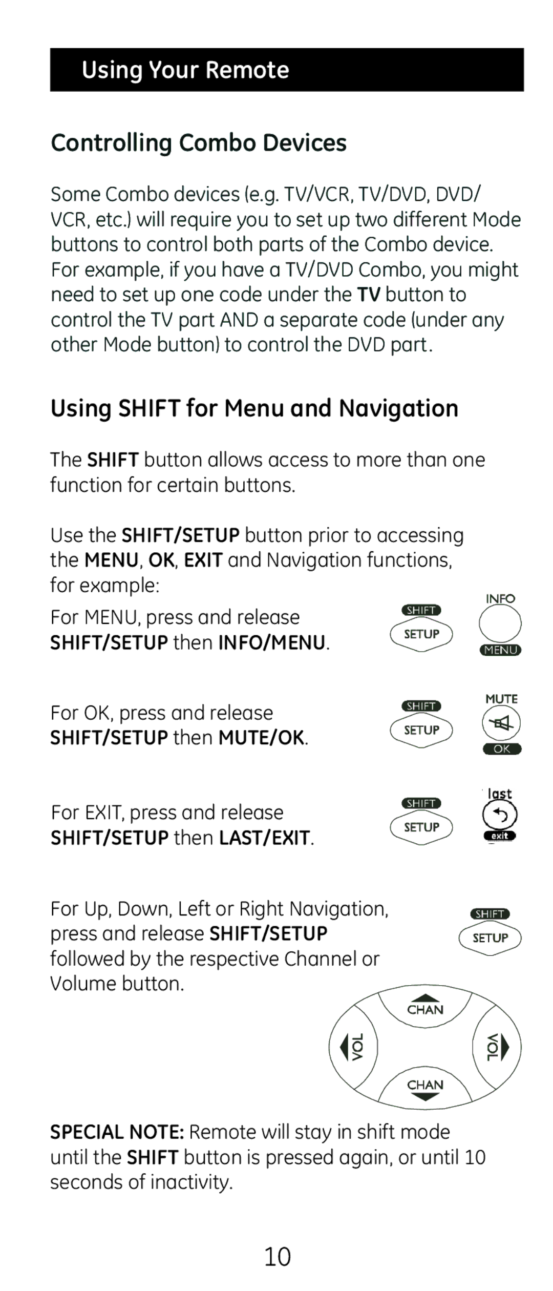 GE 20622 instruction manual Using Your Remote, SHIFT/SETUP then MUTE/OK, SHIFT/SETUP then LAST/EXIT 