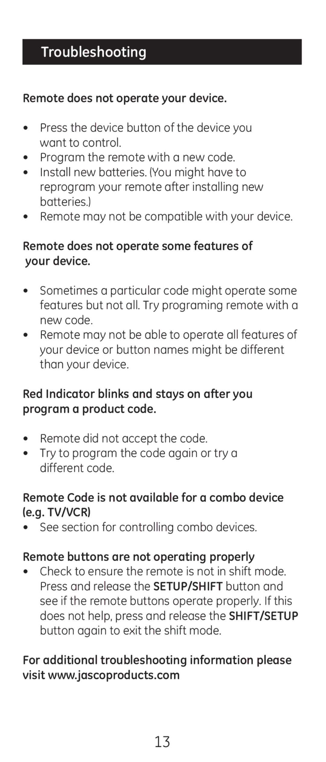 GE 20622 Troubleshooting, Remote does not operate your device, Remote does not operate some features of your device 