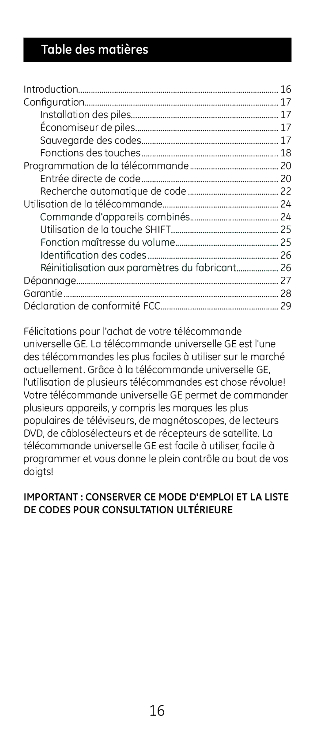 GE 20622 instruction manual Table des matières 