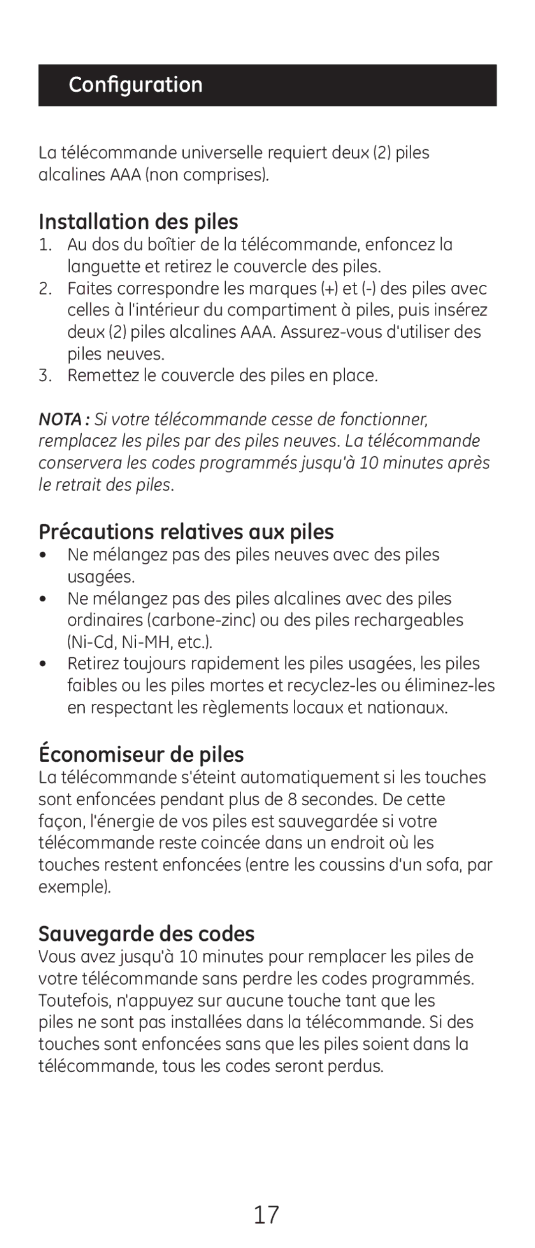 GE 20622 instruction manual Configuration, Installation des piles 