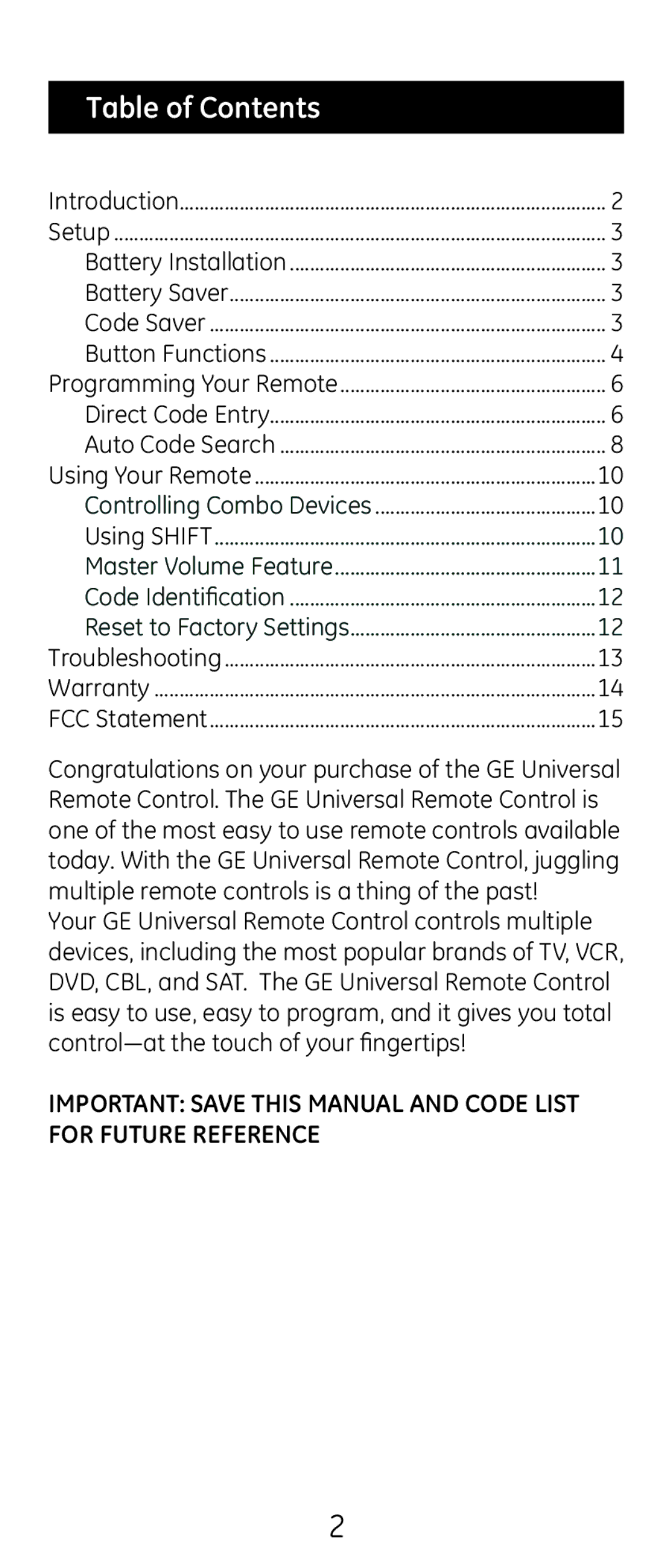 GE 20622 instruction manual Table of Contents 