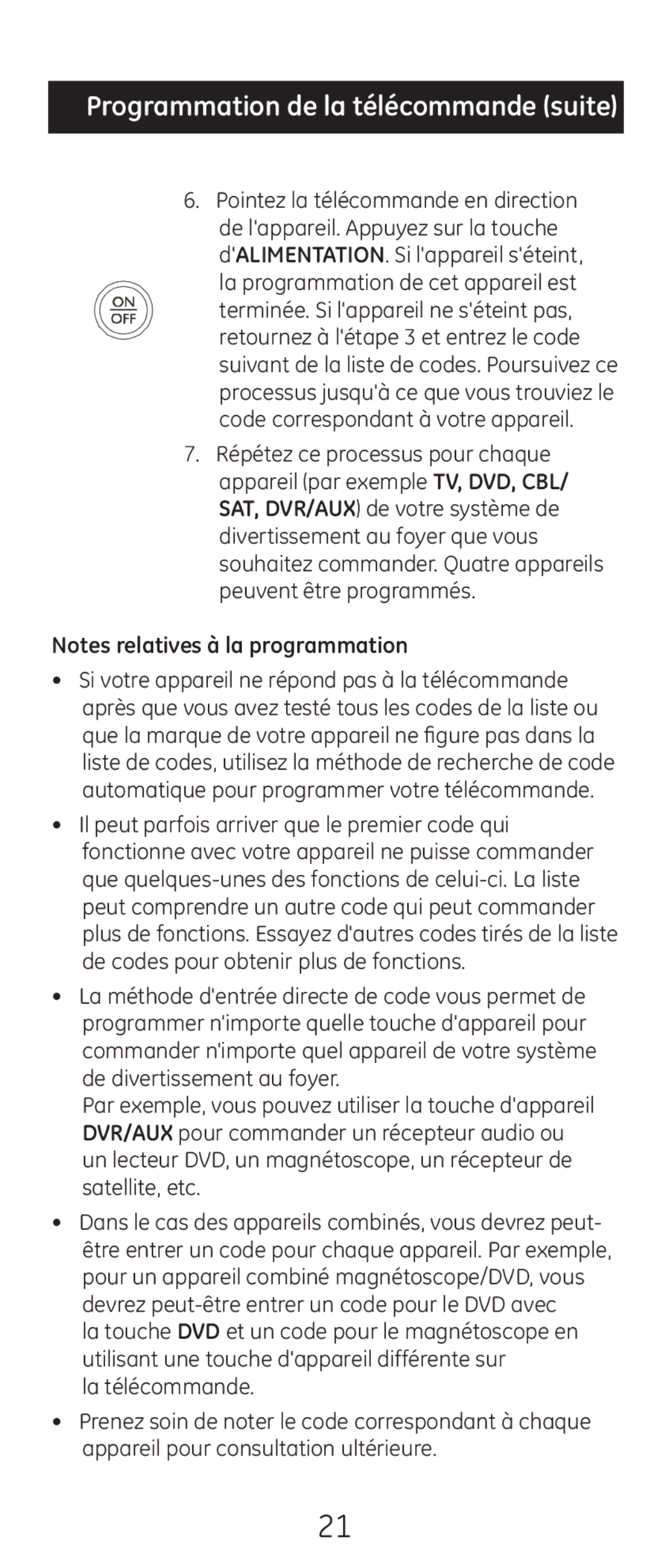 GE 20622 instruction manual Programmation de la télécommande suite 