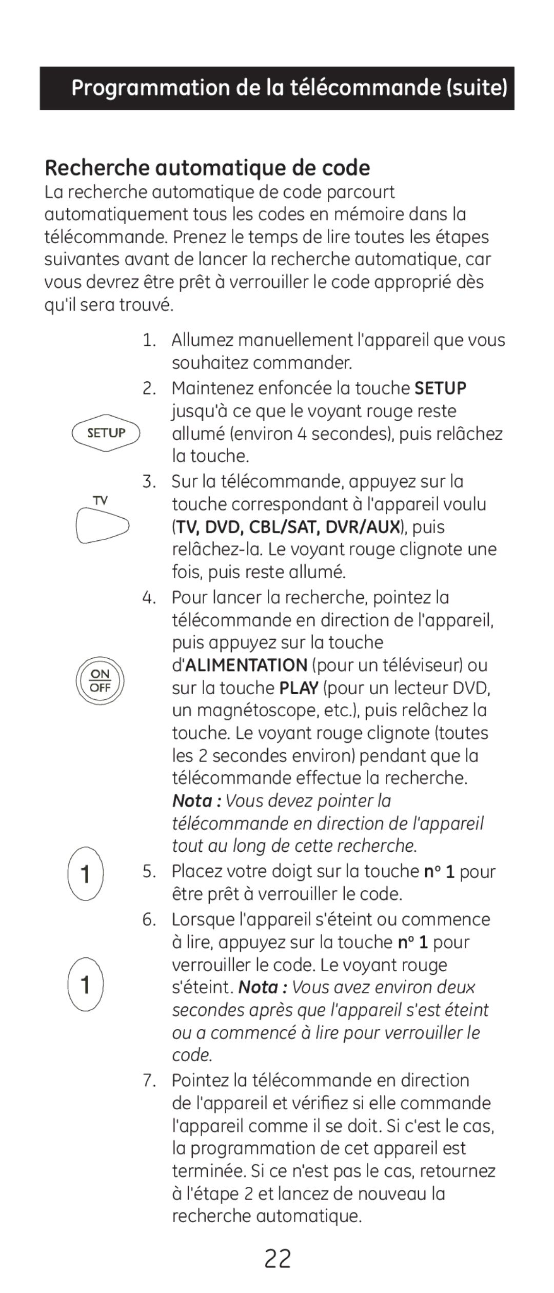 GE 20622 instruction manual Recherche automatique de code 