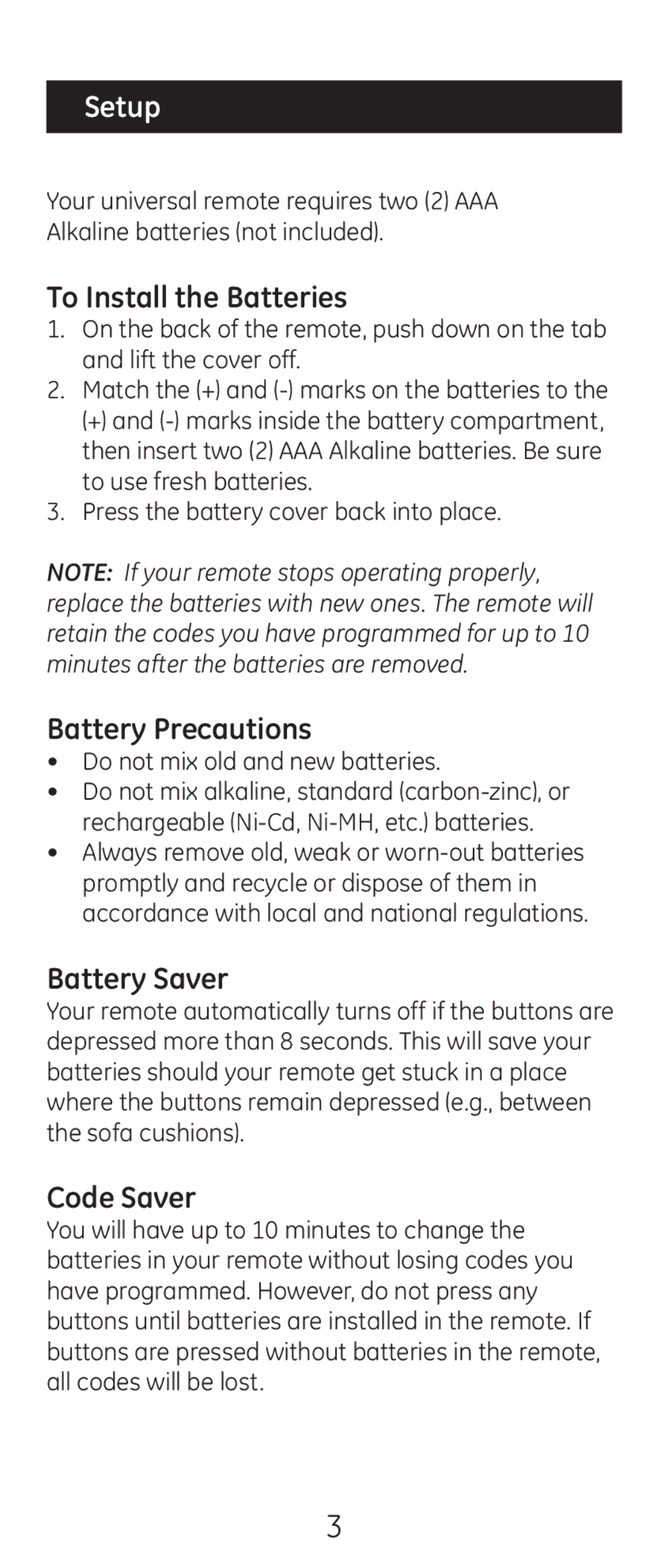 GE 20622 instruction manual Setup, To Install the Batteries 