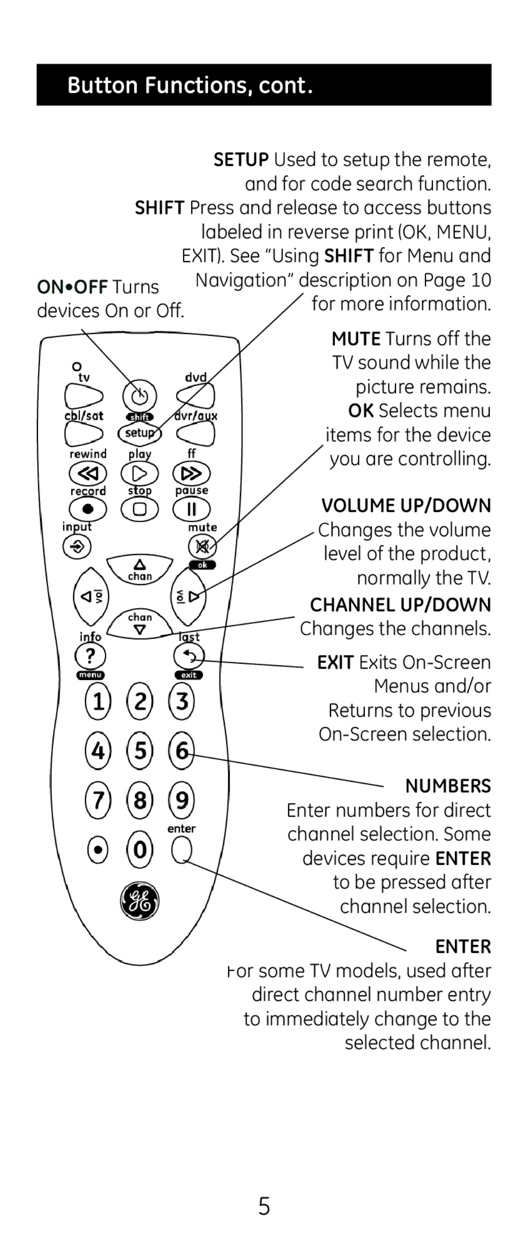 GE 20622 instruction manual Button Functions, Onoff Turns 