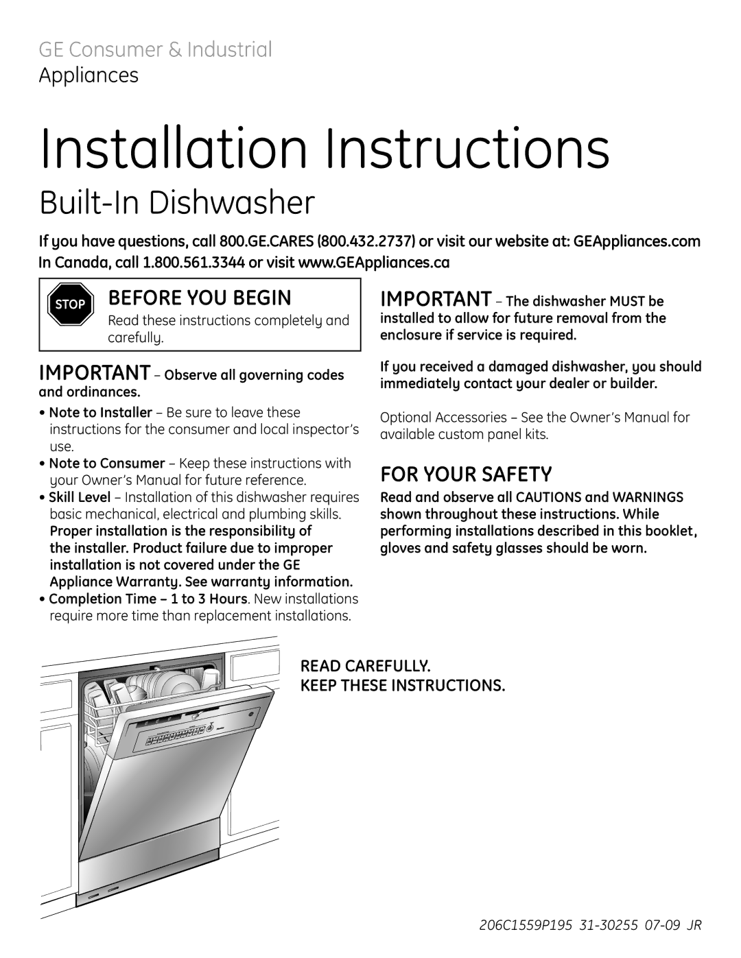 GE 206C1559P195 installation instructions Read Carefully Keep These Instructions 