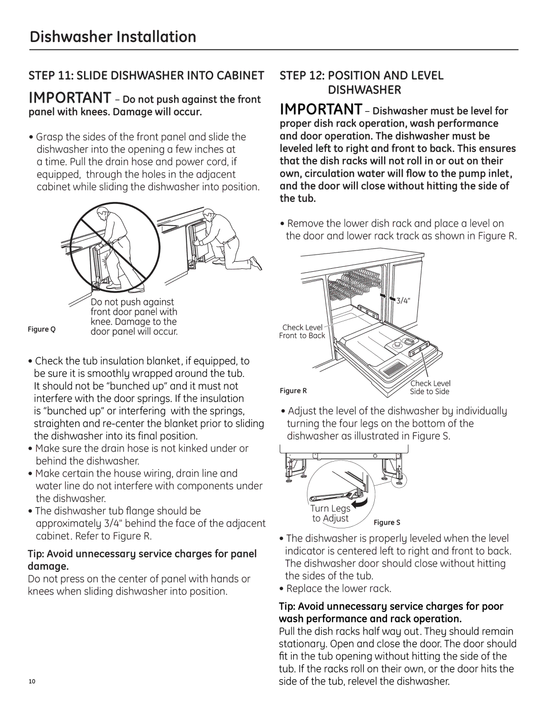 GE 206C1559P195 installation instructions Position and level dishwasher, Slide Dishwasher Into Cabinet 