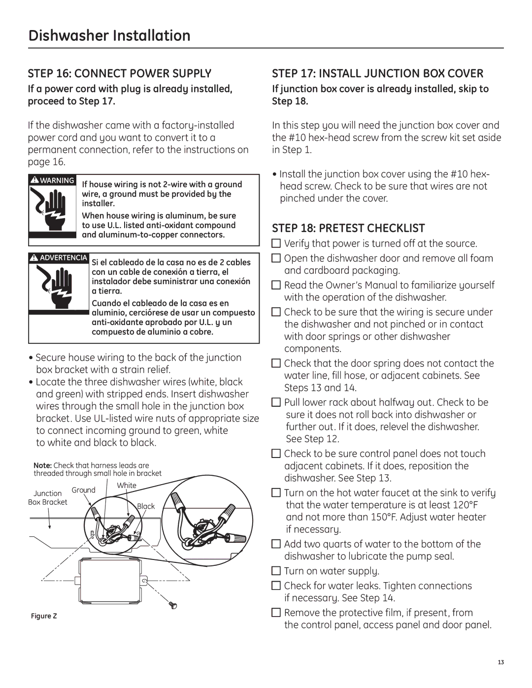 GE 206C1559P195 installation instructions Connect Power Supply, Install junction box cover, Pretest checklist 