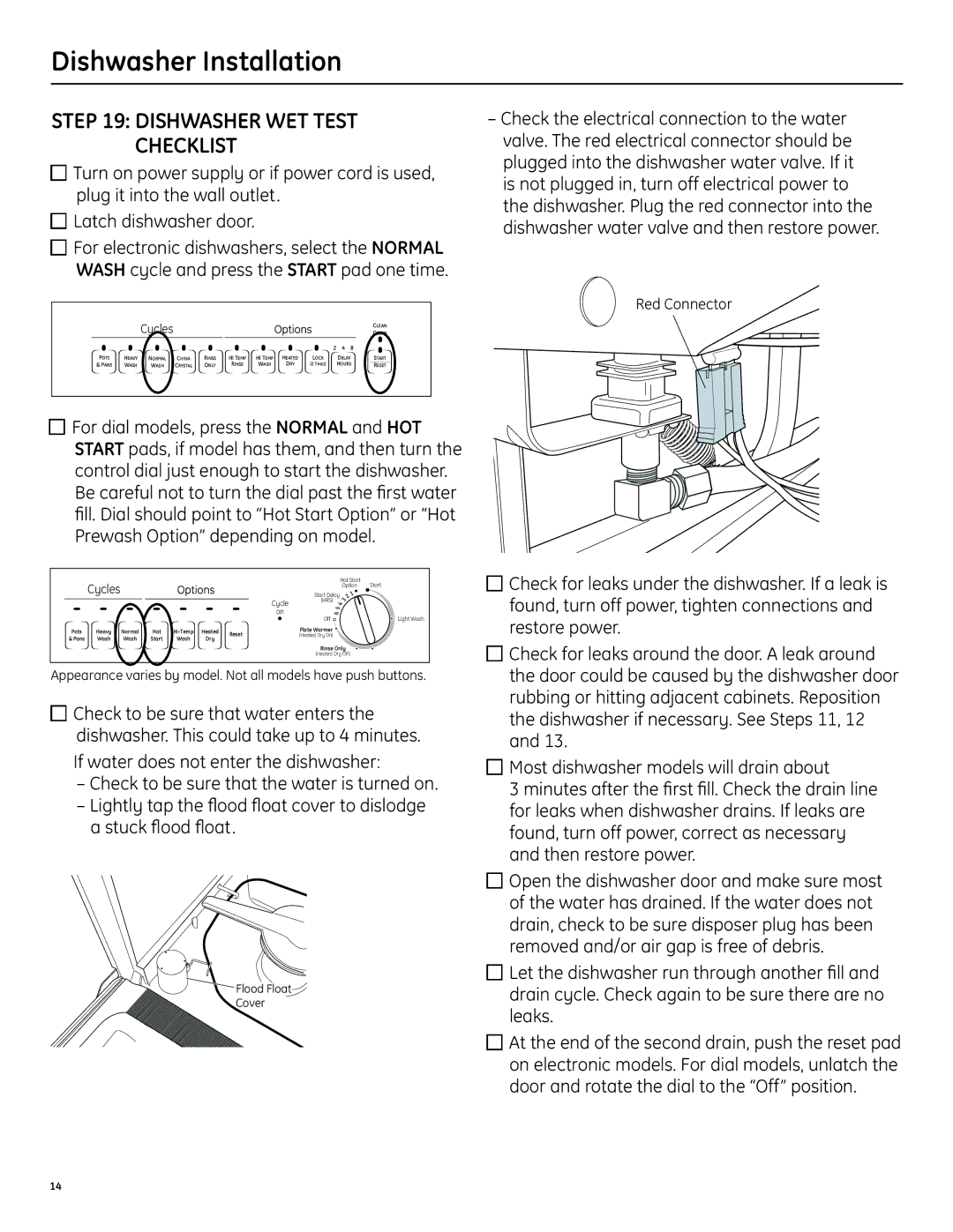 GE 206C1559P195 installation instructions Dishwasher wet test checklist, Cycles 