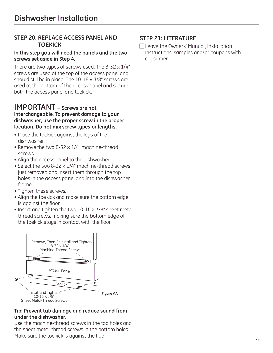 GE 206C1559P195 installation instructions Replace access panel and toekick, Literature 