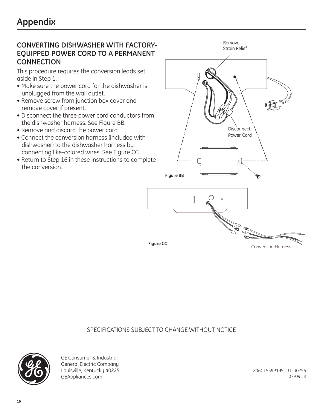 GE 206C1559P195 installation instructions Appendix, Return to in these instructions to complete the conversion 