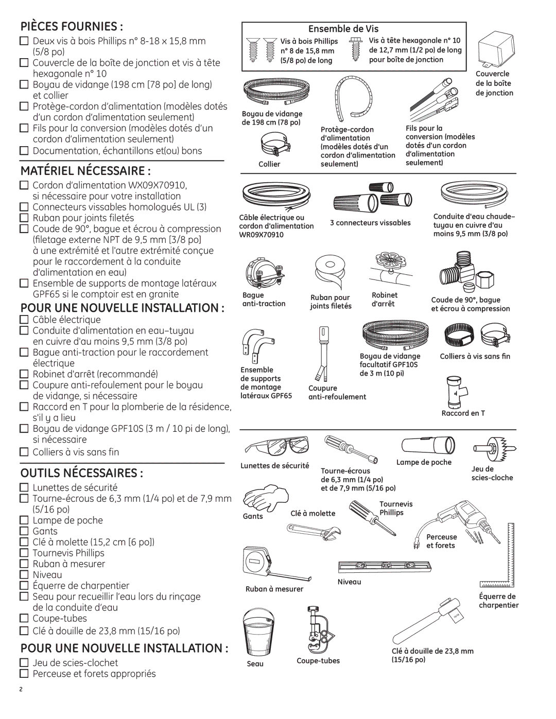 GE 206C1559P195 Pièces Fournies, Matériel Nécessaire, Outils Nécessaires, Pour UNE Nouvelle Installation 