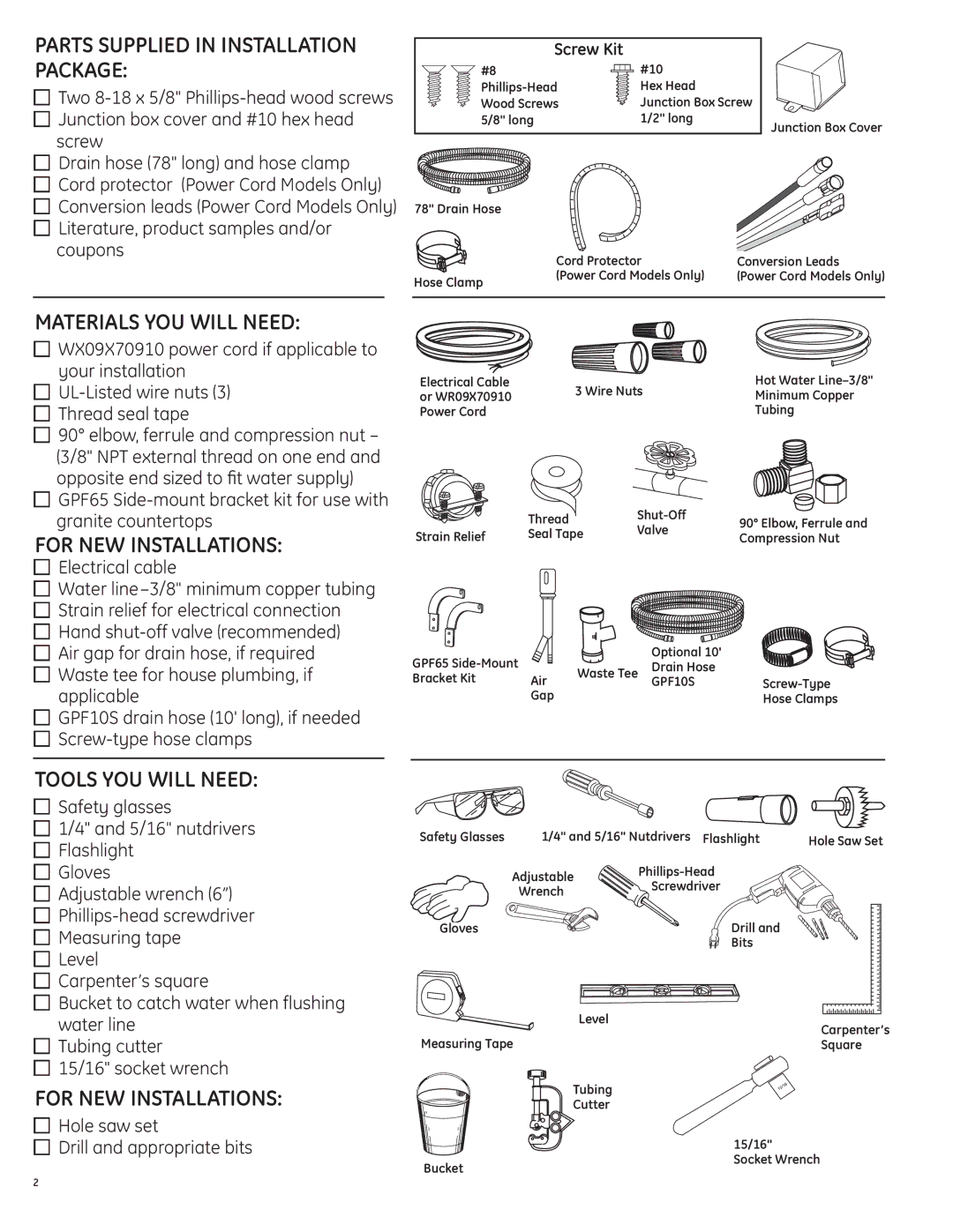 GE 206C1559P195 Parts Supplied in Installation Package, Materials YOU will Need, For New Installations 