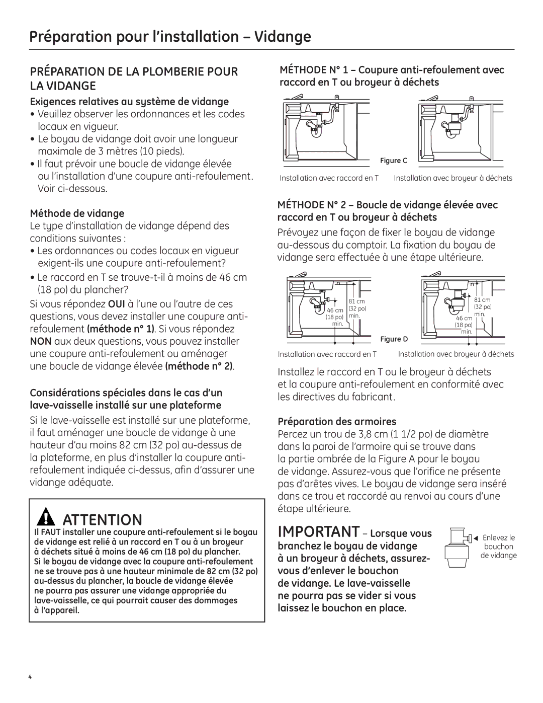 GE 206C1559P195 Préparation pour l’installation Vidange, Préparation DE LA Plomberie Pour LA Vidange 