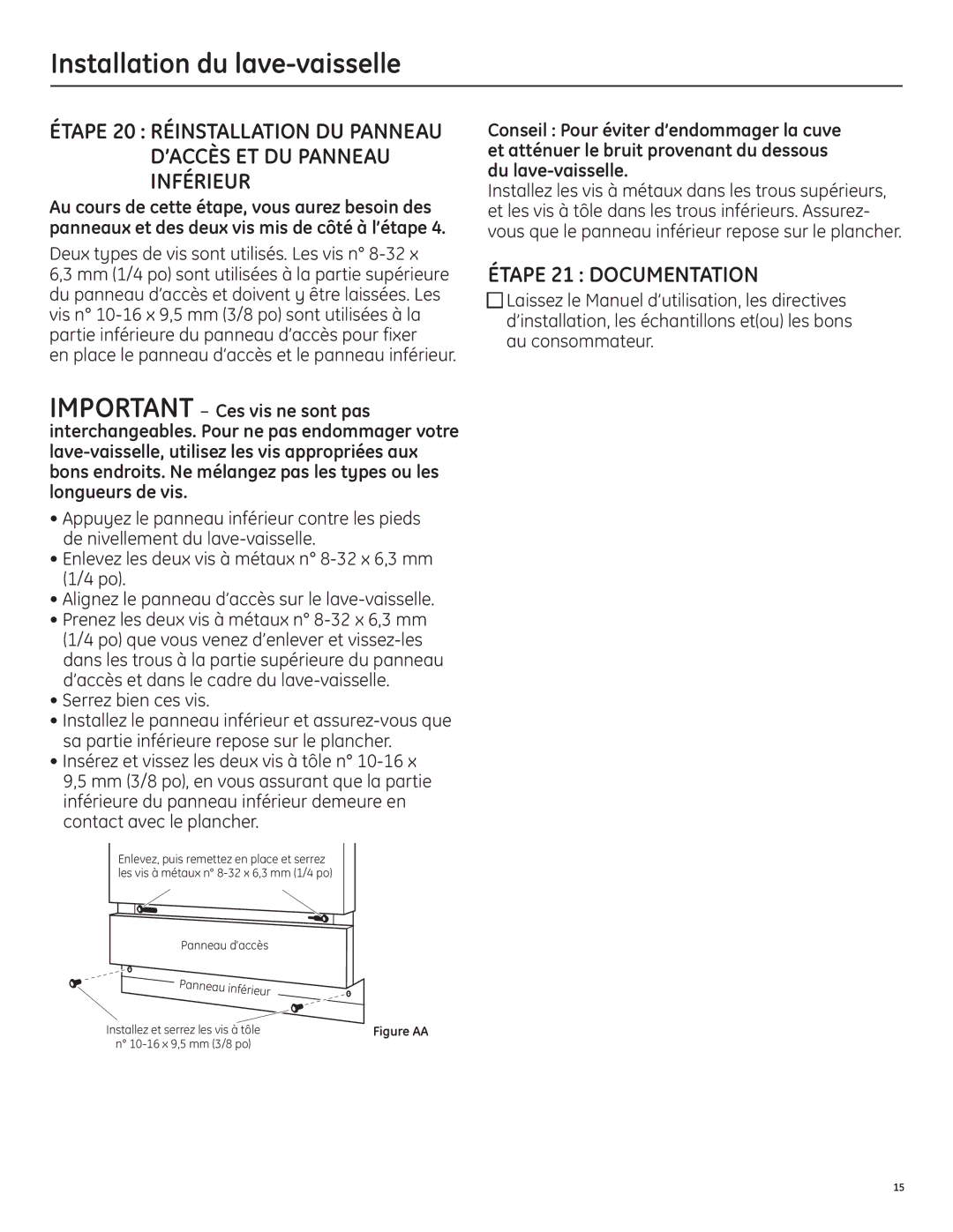 GE 206C1559P195 installation instructions Étape 21 Documentation, Deux types de vis sont utilisés. Les vis n 8-32 