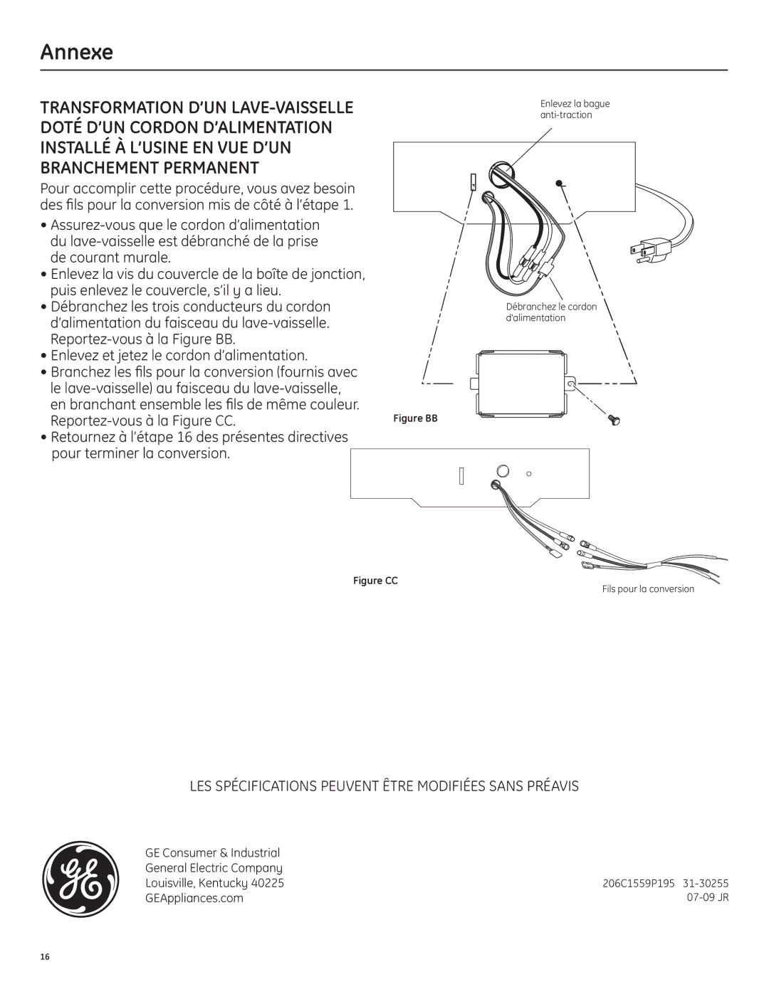 GE 206C1559P195 installation instructions Annexe, Enlevez et jetez le cordon d’alimentation, Reportez-vous à la Figure CC 