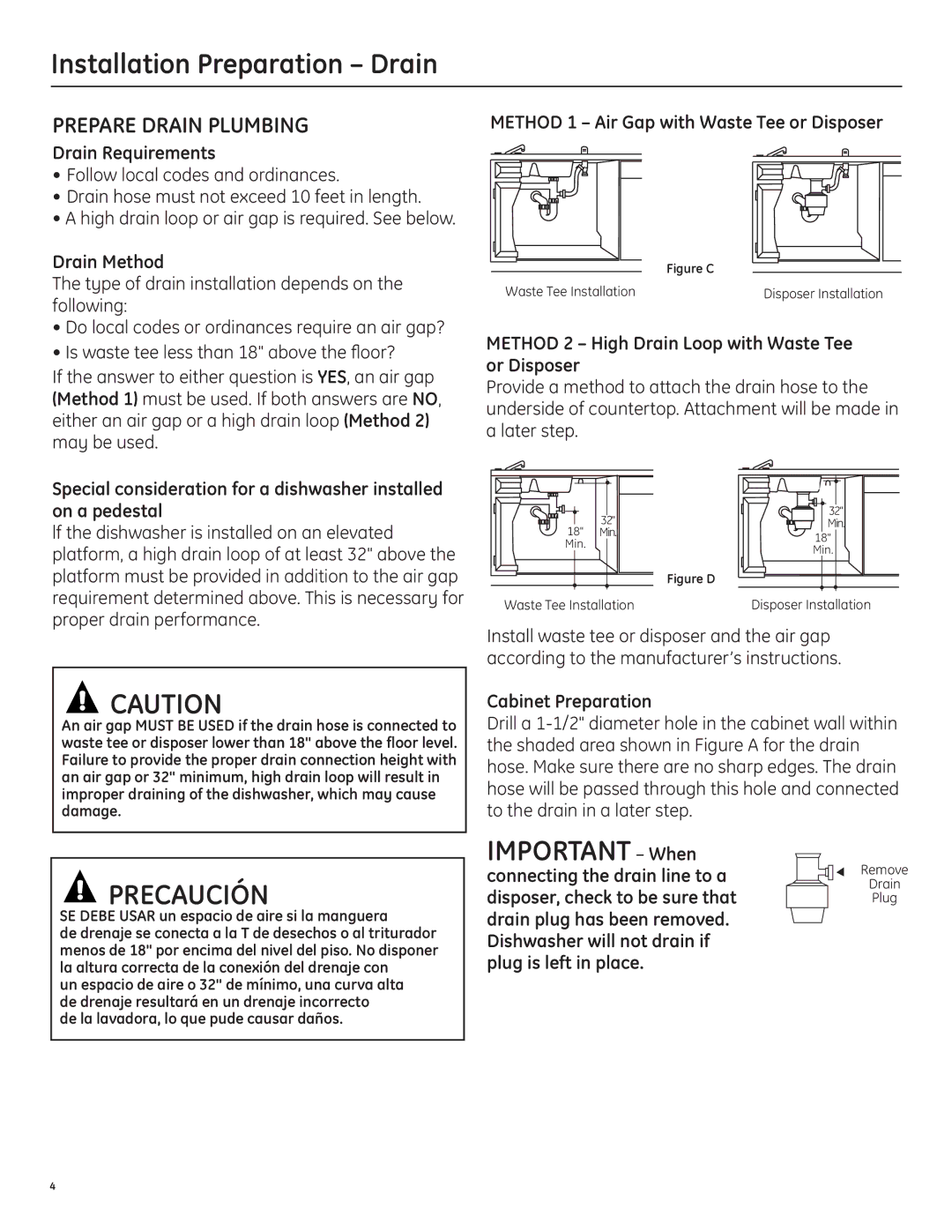 GE 206C1559P195 installation instructions Installation Preparation Drain, Important When, Prepare Drain Plumbing 