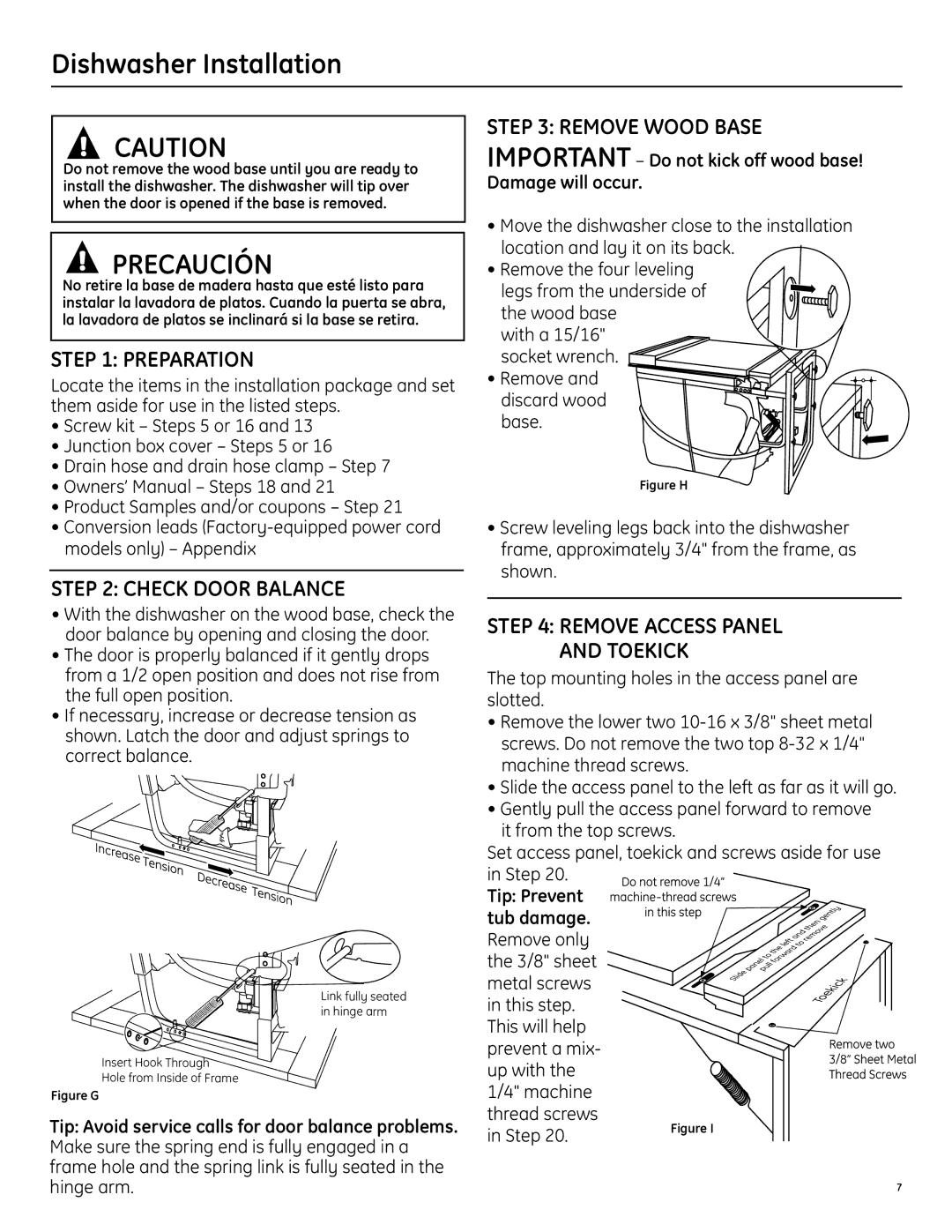 GE 206C1559P195 Dishwasher Installation, Preparation, Check Door Balance, Remove Wood Base, Remove Access Panel Toekick 