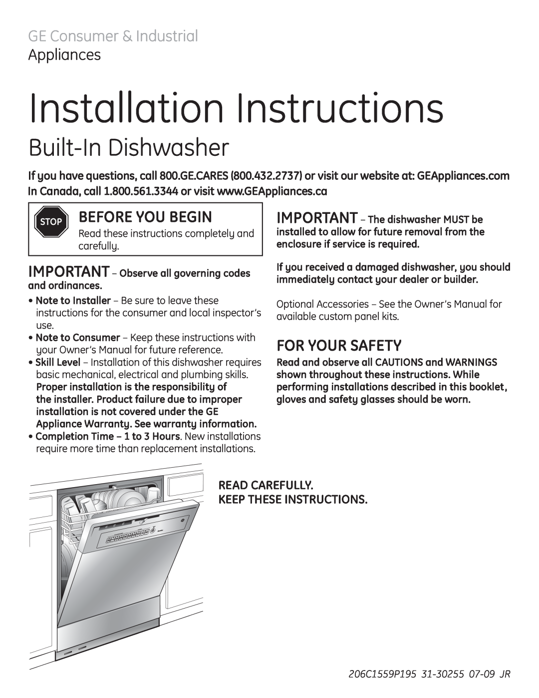 GE 206C1559P195 installation instructions Installation Instructions, Built-InDishwasher, Appliances, Before You Begin 