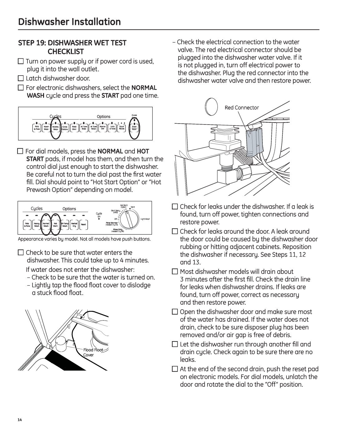 GE 206C1559P195 installation instructions dishwasher wet test checklist, Dishwasher Installation 