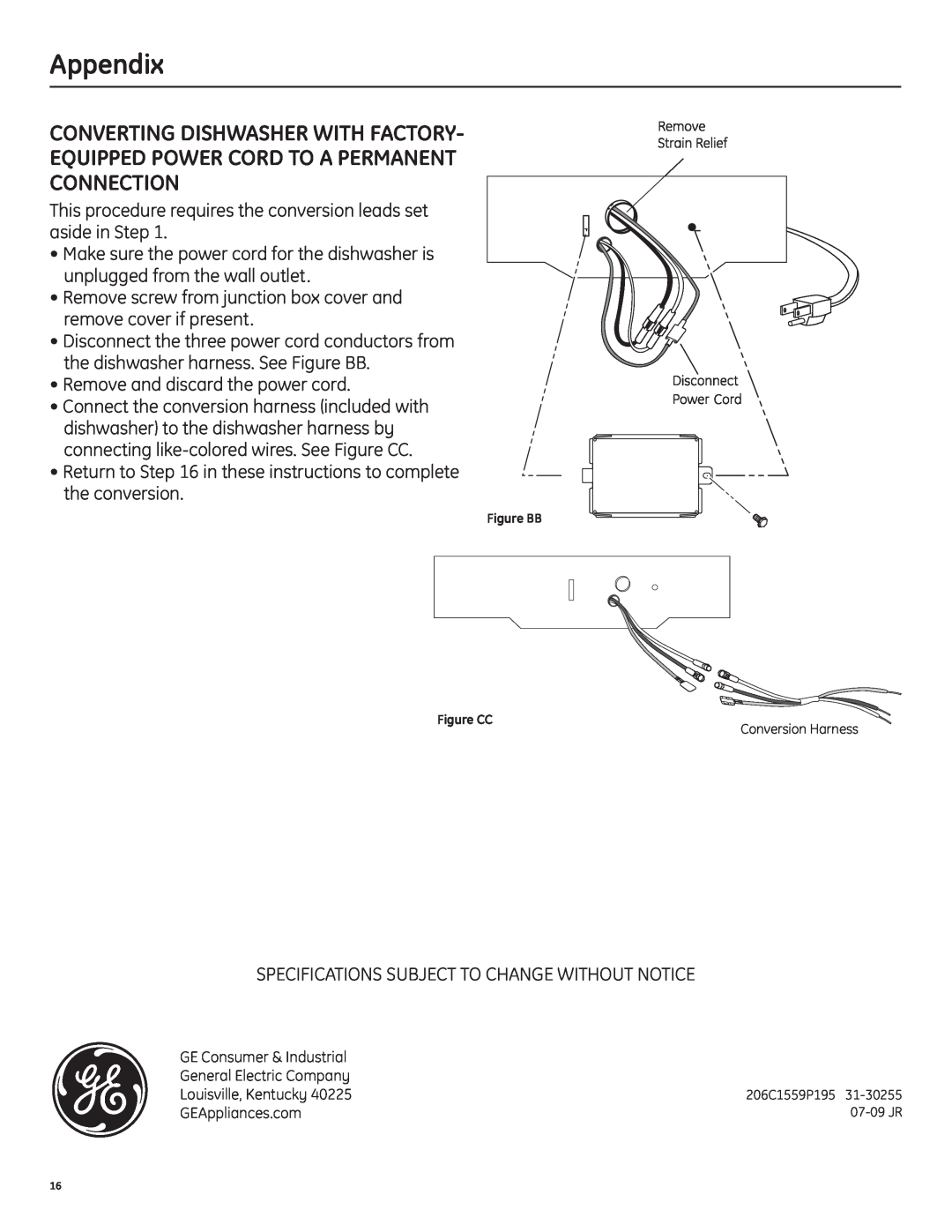 GE 206C1559P195 Appendix, Converting Dishwasher With Factory, Equipped Power Cord To A Permanent Connection 