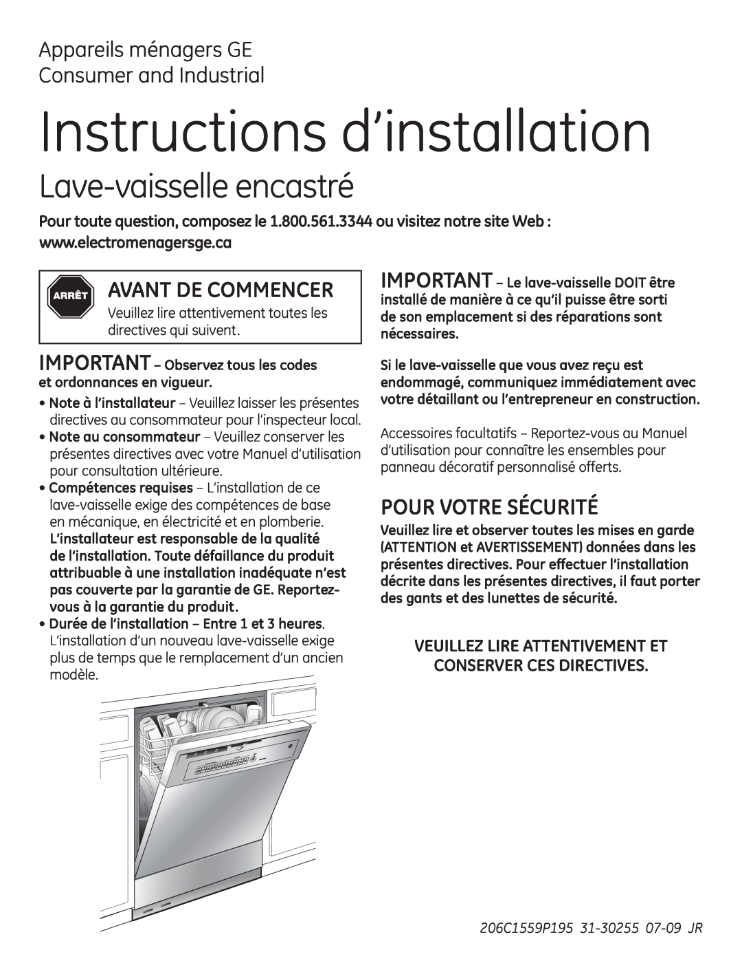 GE 206C1559P195 Instructions d’installation, Lave-vaisselleencastré, Appareils ménagers GE Consumer and Industrial 