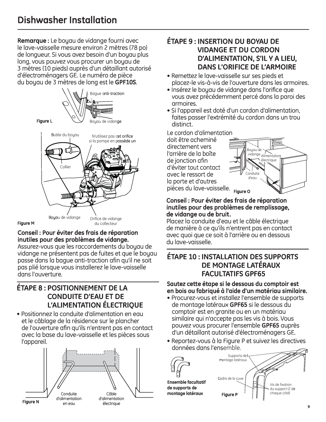 GE 206C1559P195 installation instructions Dishwasher Installation, Remarque Le boyau de vidange fourni avec 