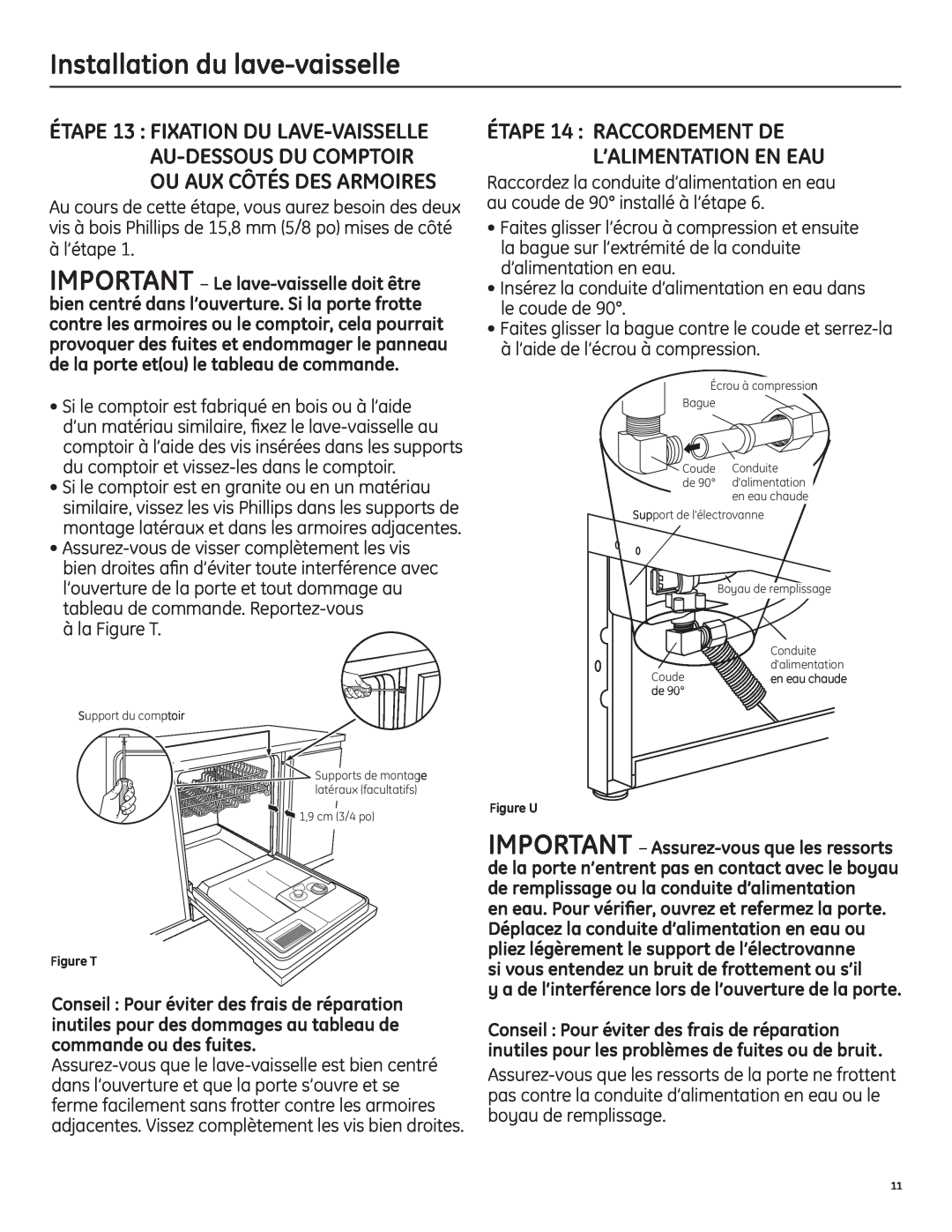 GE 206C1559P195 installation instructions ÉTAPE 14 RACCORDEMENT DE L’ALIMENTATION EN EAU, Installation du lave-vaisselle 