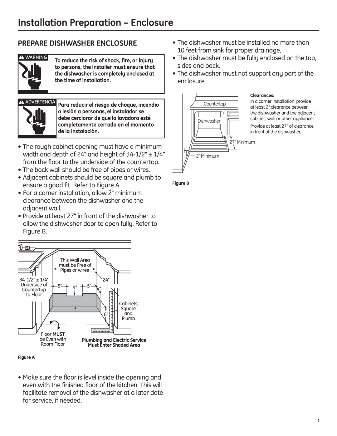 GE 206C1559P195 installation instructions Installation Preparation - Enclosure, Prepare Dishwasher Enclosure 
