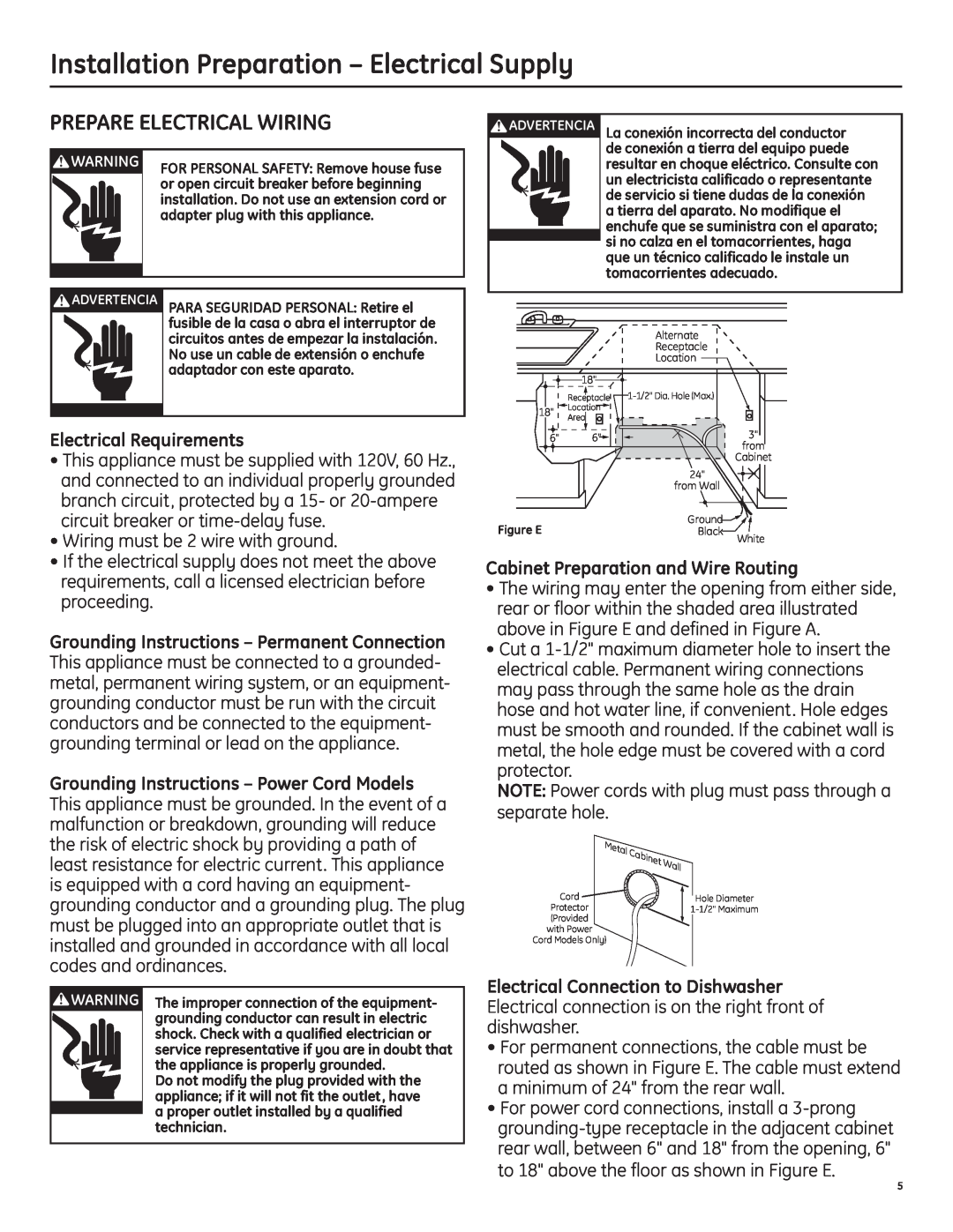 GE 206C1559P195 installation instructions Installation Preparation - Electrical Supply, Prepare Electrical Wiring 