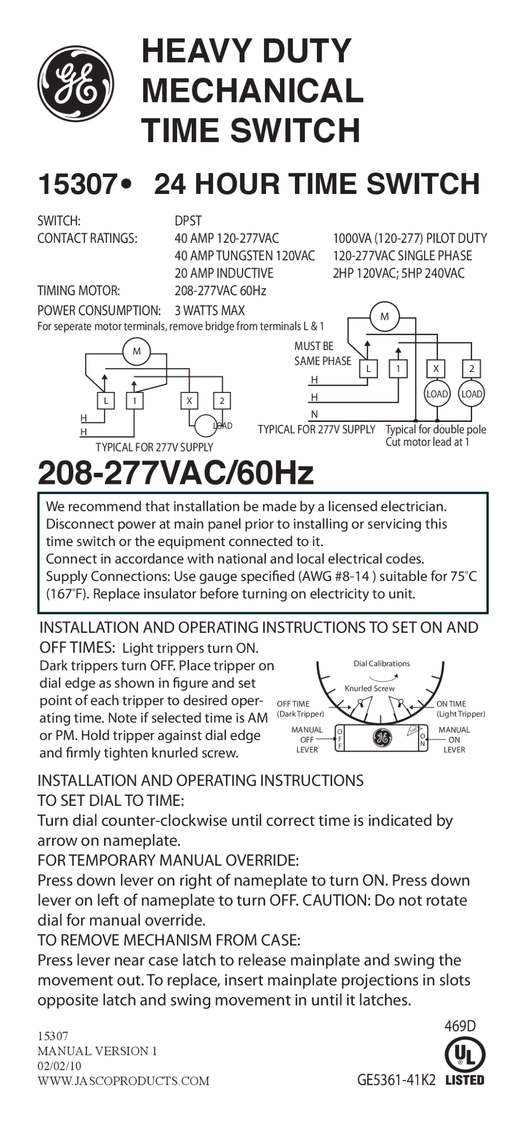 GE manual Heavy Duty Mechanical Time Switch, 208-277VAC/60Hz, 15307 24 Hour Time Switch 