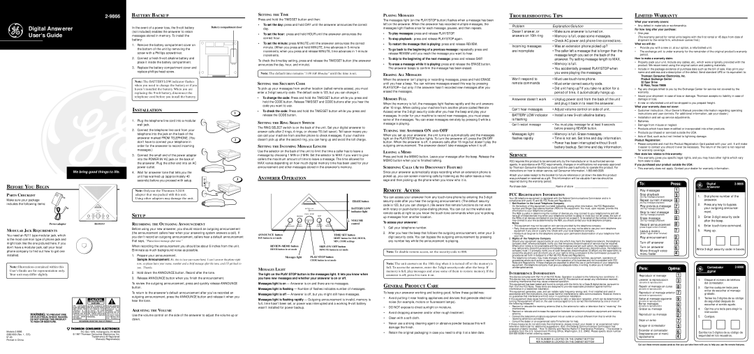 GE 2-9866 warranty Battery Backup, Troubleshooting Tips Limited Warranty, Installation, Answerer Operation, Service, Setup 